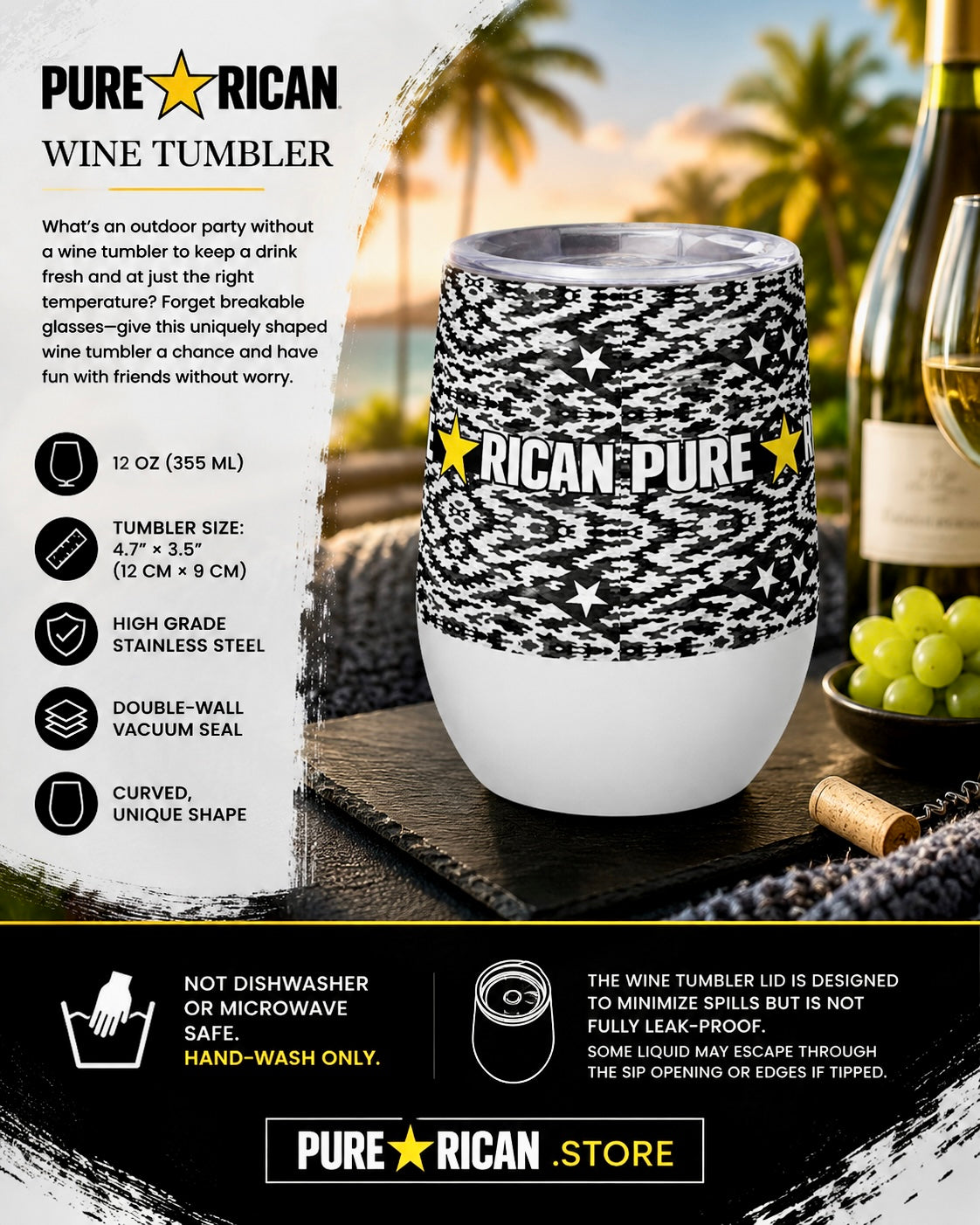 Pure⭐️Rican Black Camo Seal Stainless Steel Wine Tumbler | 12oz Puerto Rican Insulated Cup