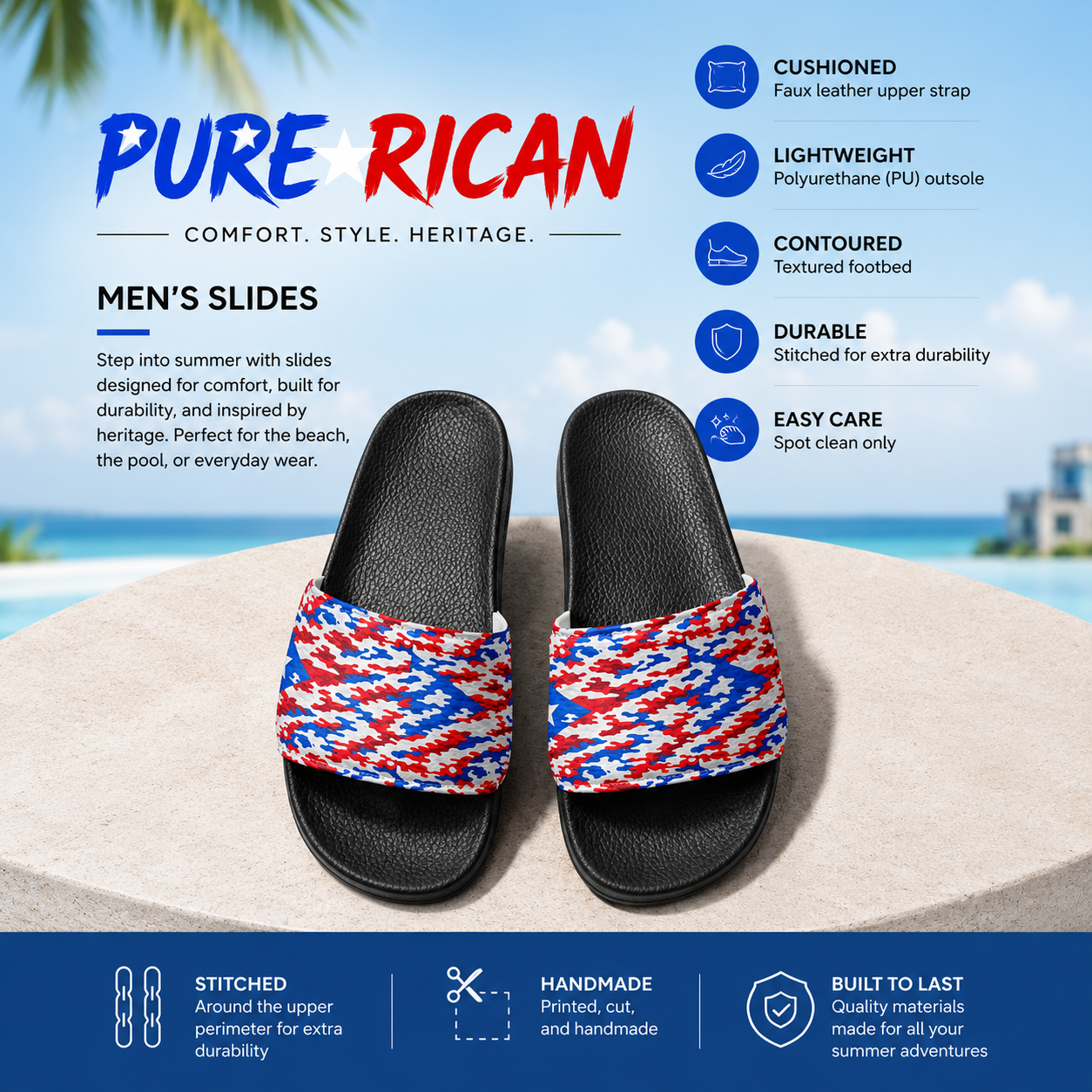 Front-facing product image of Pure⭐️Rican Patriotic Camo unisex slides with black base and Puerto Rican red, white, and blue camo strap, lightweight cushioned summer sandals.
