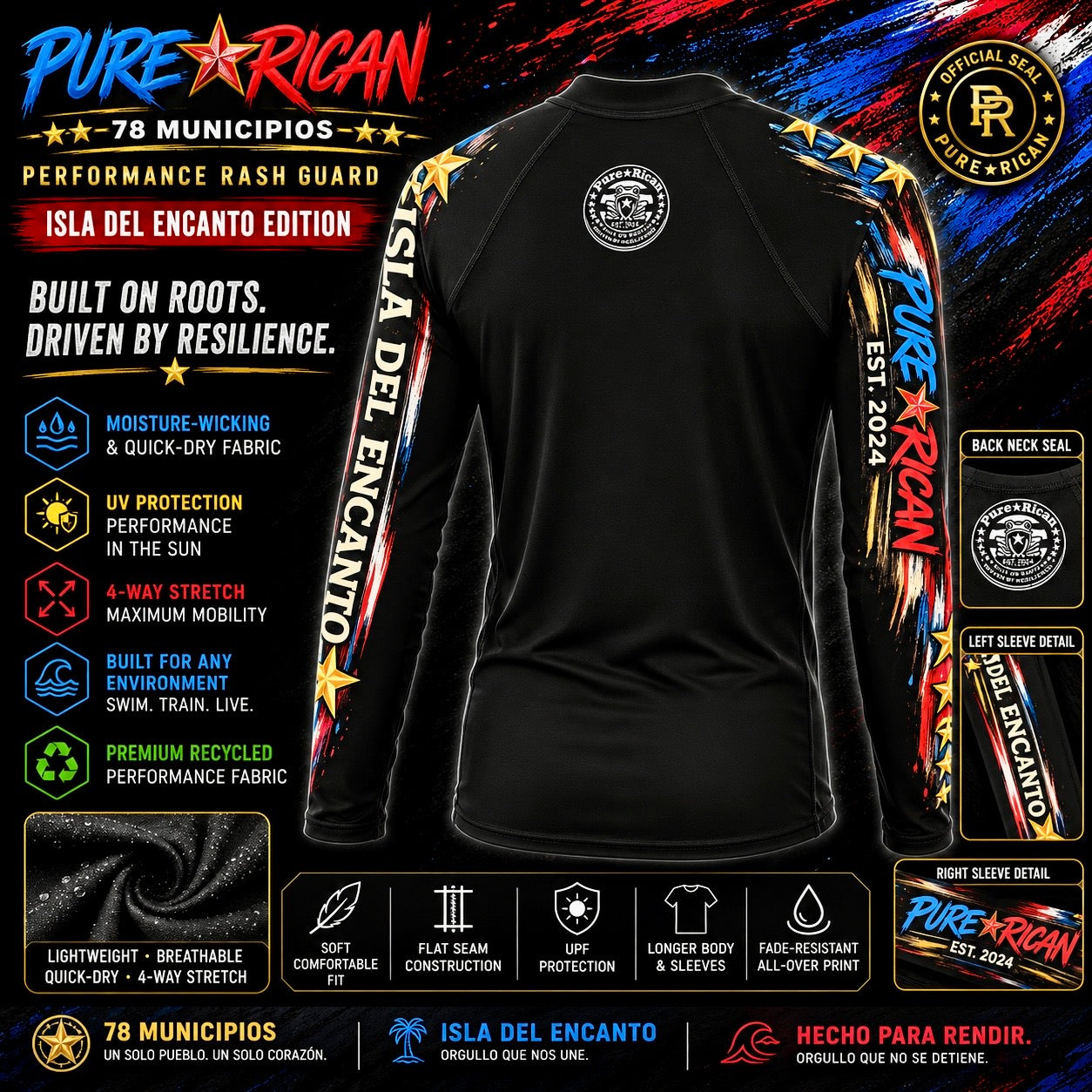 Black performance rash guard shirt with colorful graphic sleeves and printed branding, shown from the back on a white background with promotional text overlays.