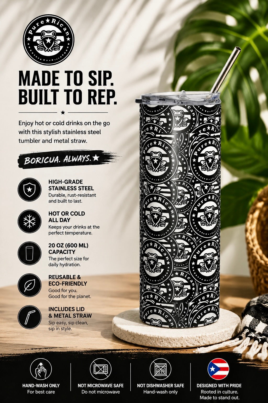 Pure⭐️Rican “Black Heritage Seal” Stainless Steel Tumbler | Puerto Rican 20oz Travel Cup with Metal Straw