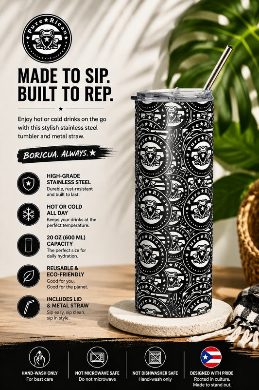 Pure⭐️Rican “Black Heritage Seal” Stainless Steel Tumbler | Puerto Rican 20oz Travel Cup with Metal Straw