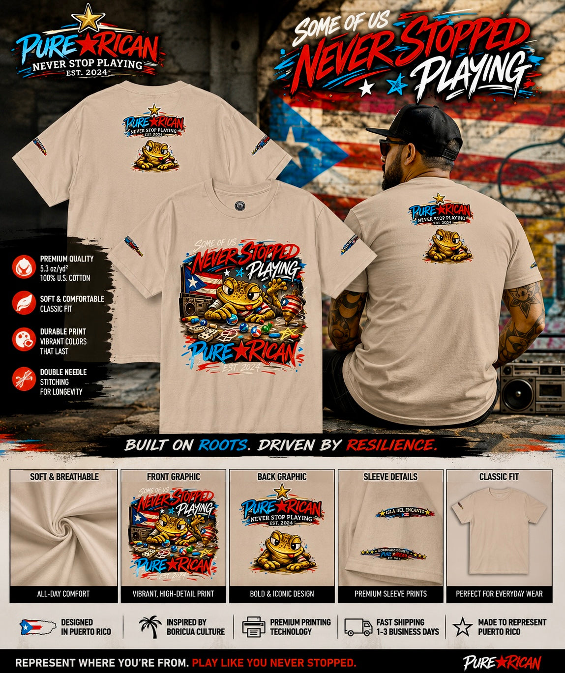 PURE⭐️RICAN Never Stopped Playing Tee Puerto Rican Culture Streetwear Unisex T-Shirt