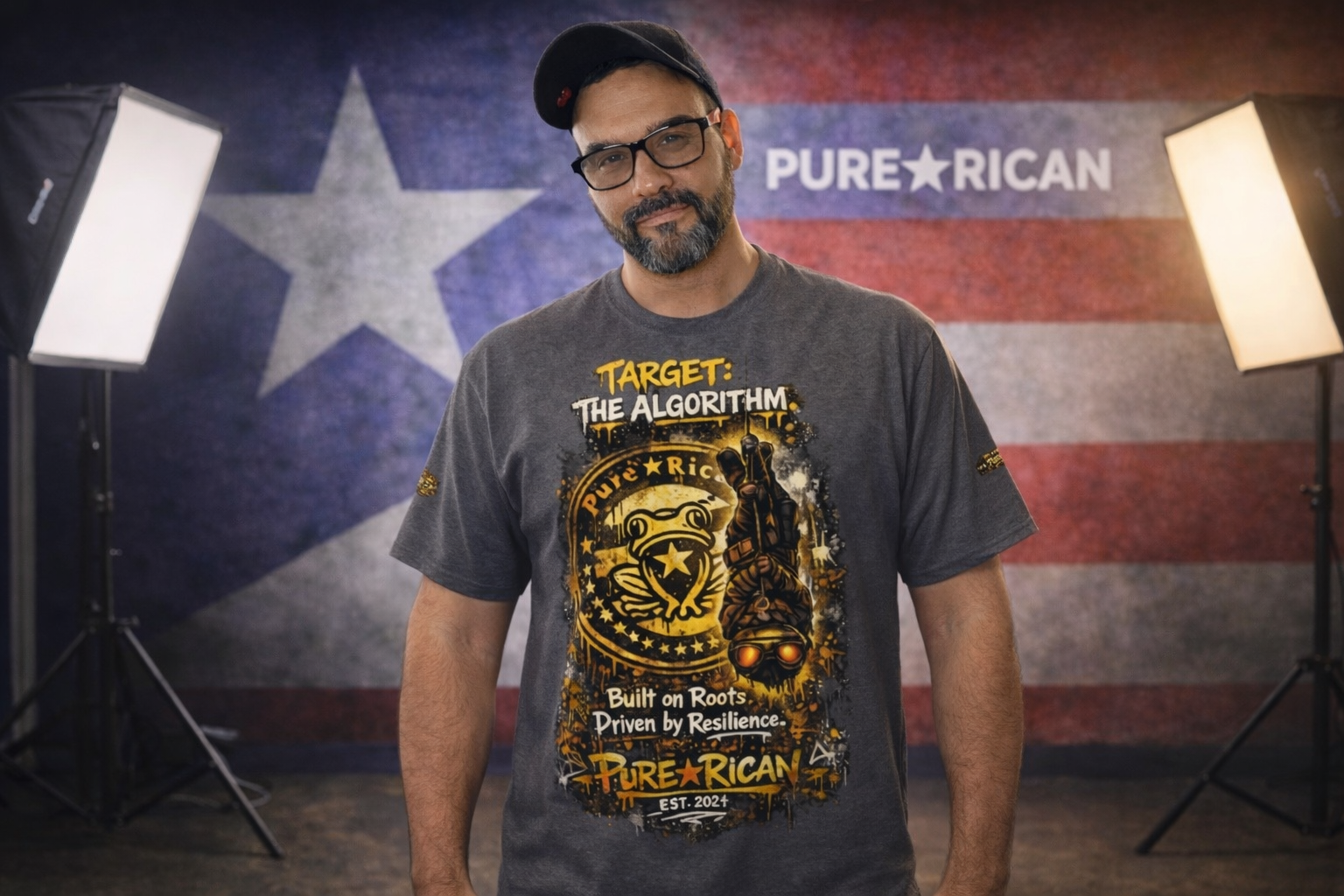 Pure⭐️Rican Target The Algorithm Puerto Rican heritage streetwear t-shirt front view with Sapo Concho emblem