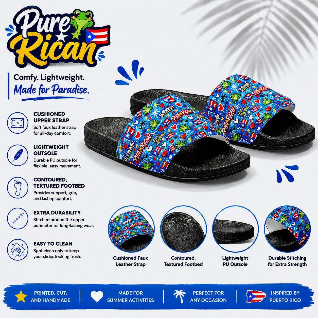 Colorful slides with text and graphics about the brand 'Pure⭐️Rican' on a white background.