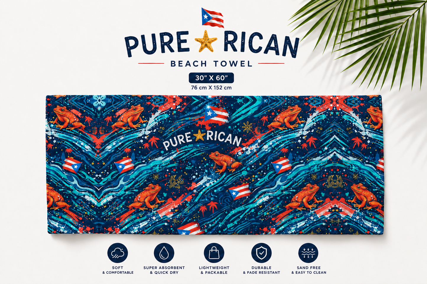 Pure⭐️Rican Sapo Wave Beach Towel featuring vibrant coquí frogs, Puerto Rican flags, tropical waves, and island-inspired heritage artwork in a premium beach towel display