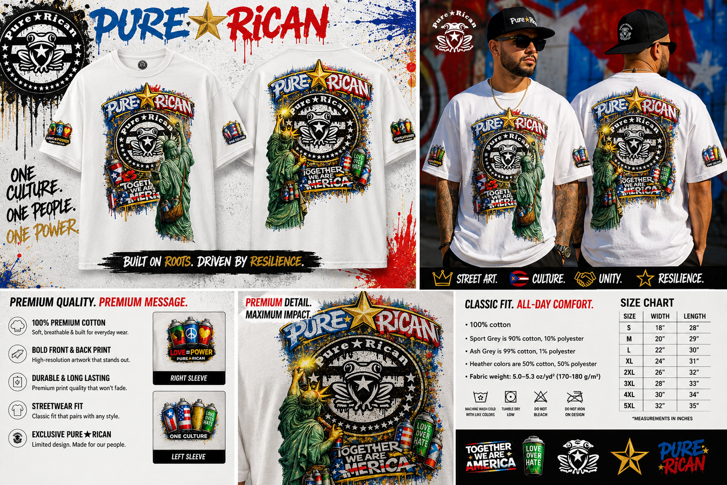 Pure⭐️Rican “Together We Are America” Statue Graffiti Tee – Front & Back Street Art Edition