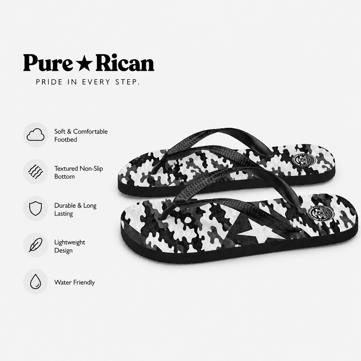 Black and white patterned flip-flops with 'Pure Rican' branding and feature list on a white background.