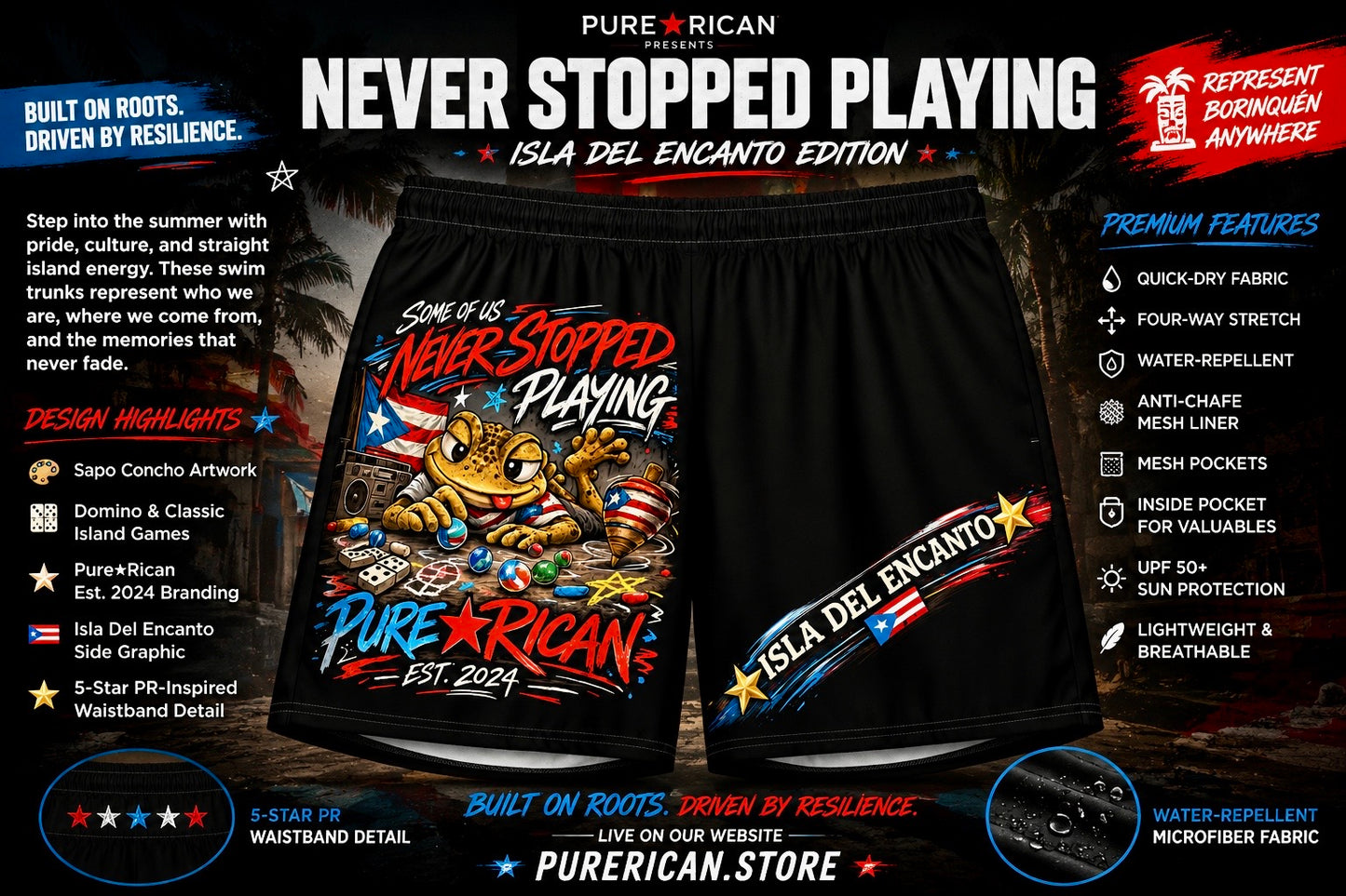 Black PureRican Isla del Encanto edition shorts with a colorful cartoon tiger graphic and patriotic text, shown on a dark promotional background with feature callouts.