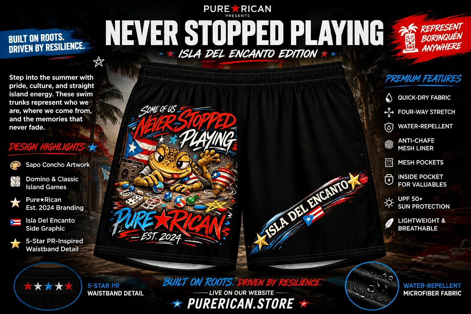 Black PureRican Isla del Encanto edition shorts with a colorful cartoon tiger graphic and patriotic text, shown on a dark promotional background with feature callouts.