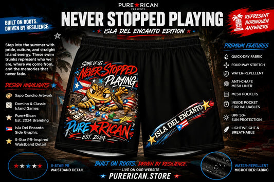 Black PureRican Isla del Encanto edition shorts with a colorful cartoon tiger graphic and patriotic text, shown on a dark promotional background with feature callouts.