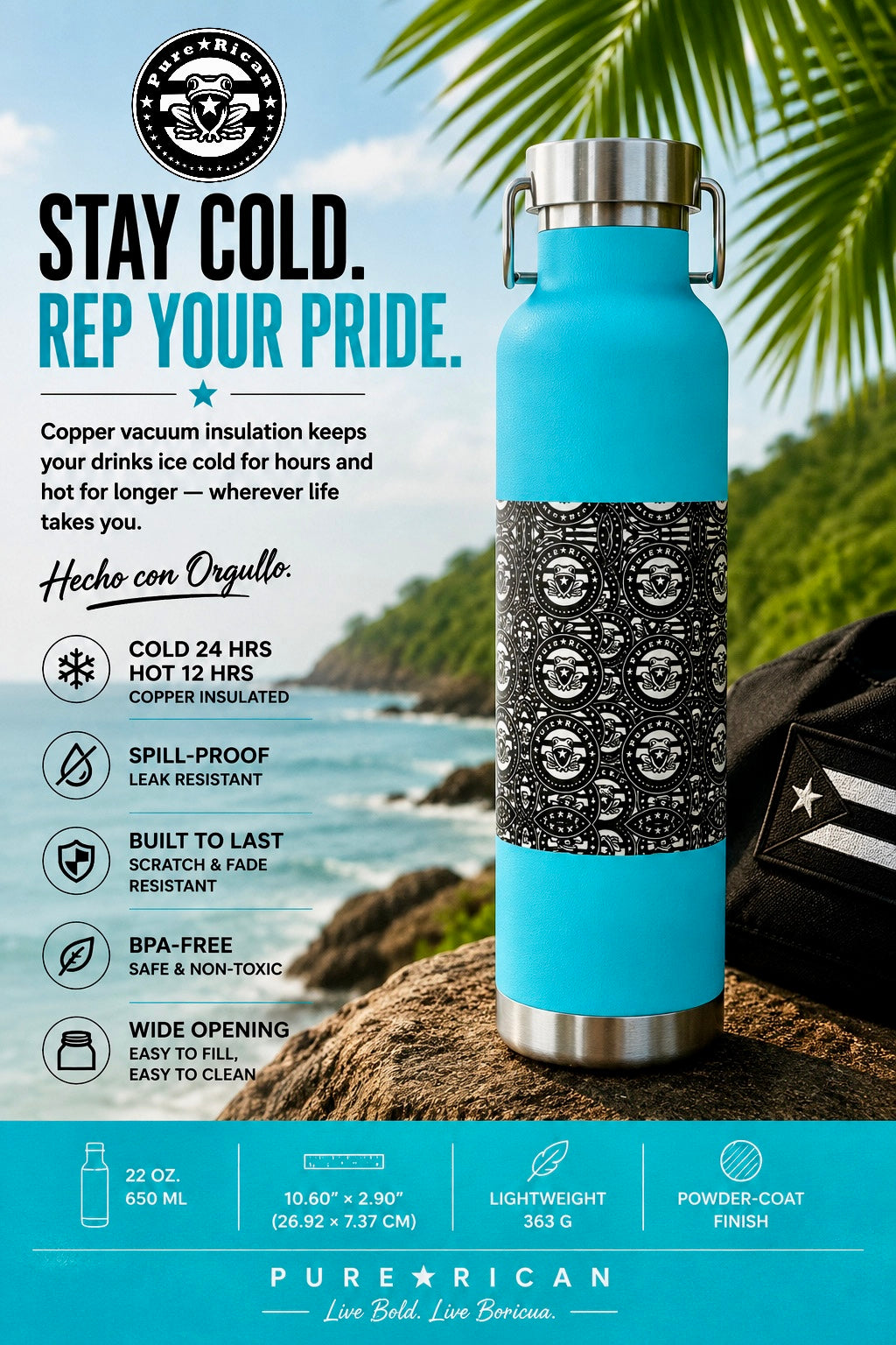 Blue insulated water bottle with branding and product features on a scenic background