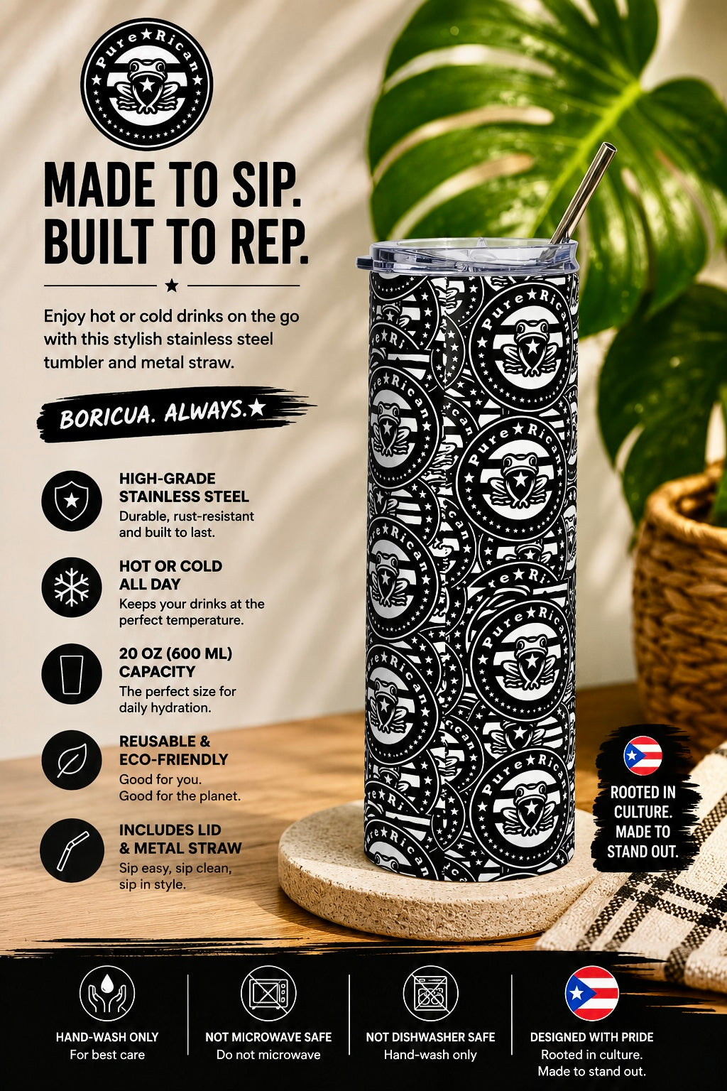 Pure⭐️Rican “Black Heritage Seal” Stainless Steel Tumbler | Puerto Rican 20oz Travel Cup with Metal Straw