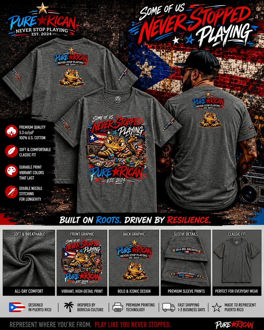 PURE⭐️RICAN Never Stopped Playing Tee Puerto Rican Culture Streetwear Unisex T-Shirt