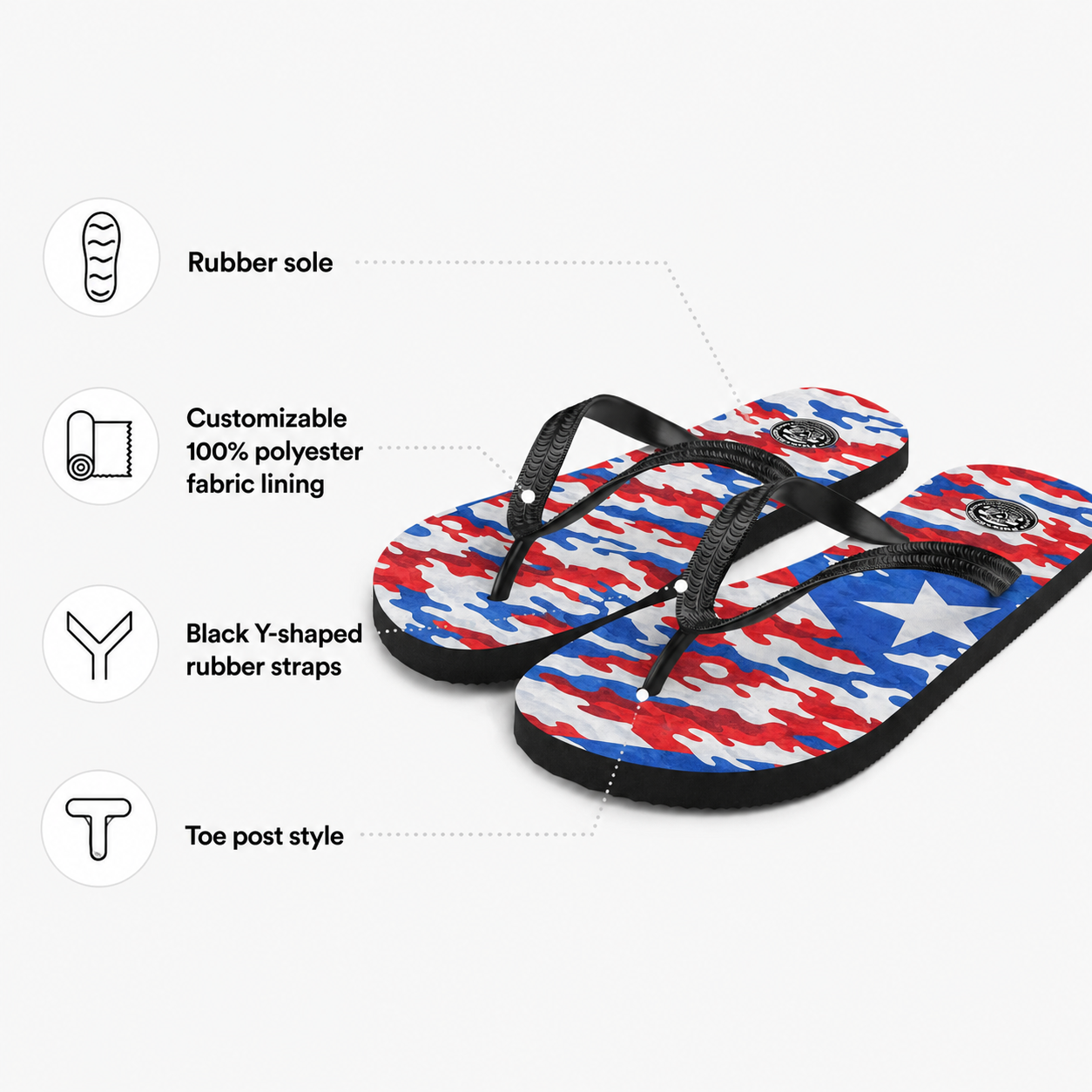 Flip-flops with red, white, and blue design on a white background