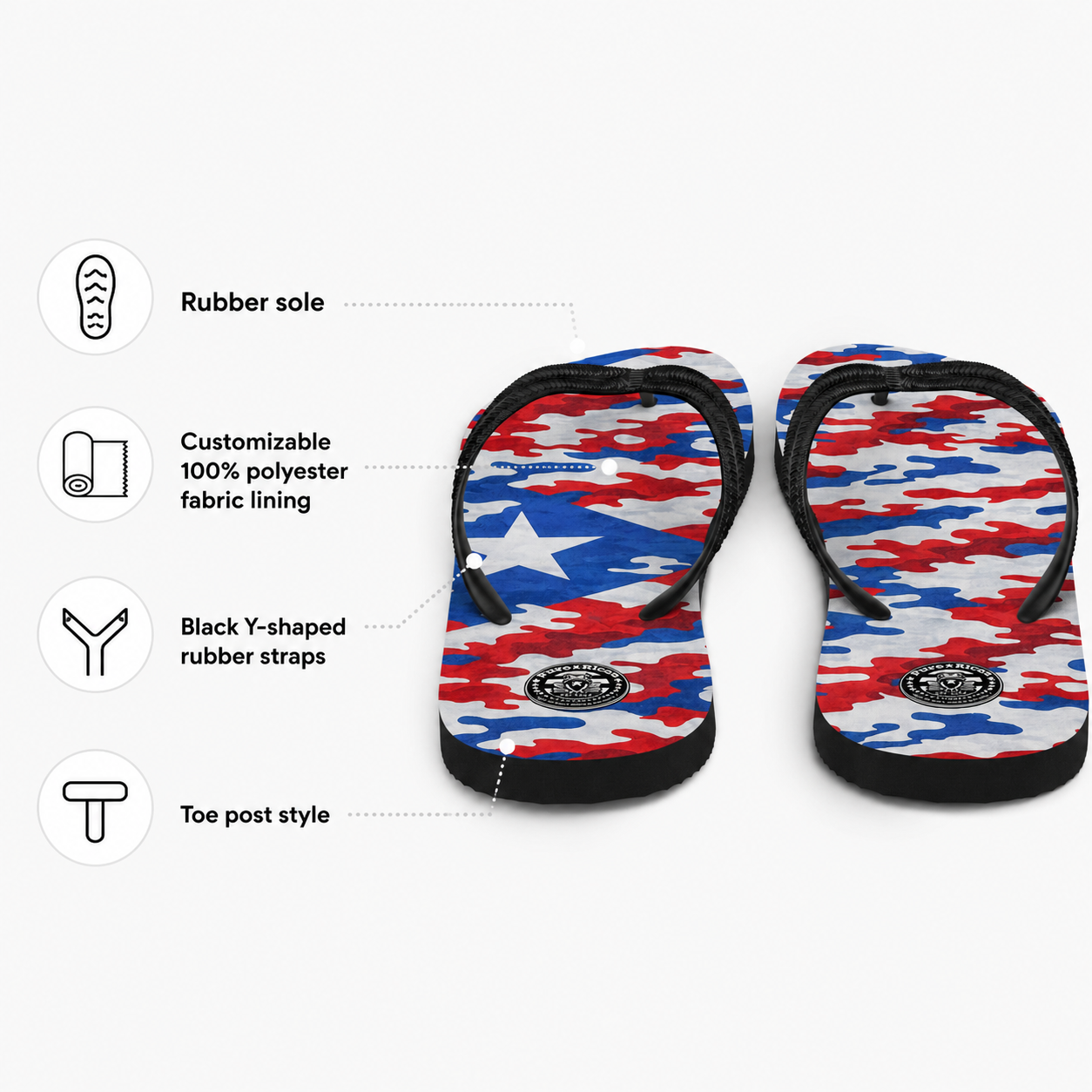 Pair of flip-flops with Puerto Rican flag design on a white background