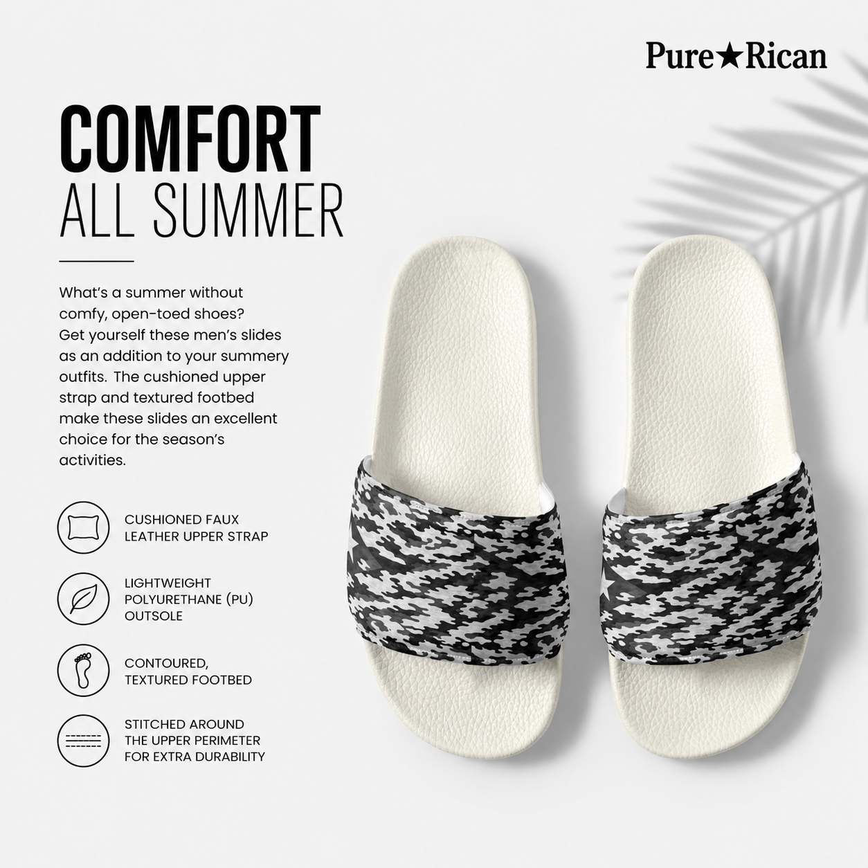 White slides with patterned straps on a white background, featuring 'Pure⭐️Rican' brand.