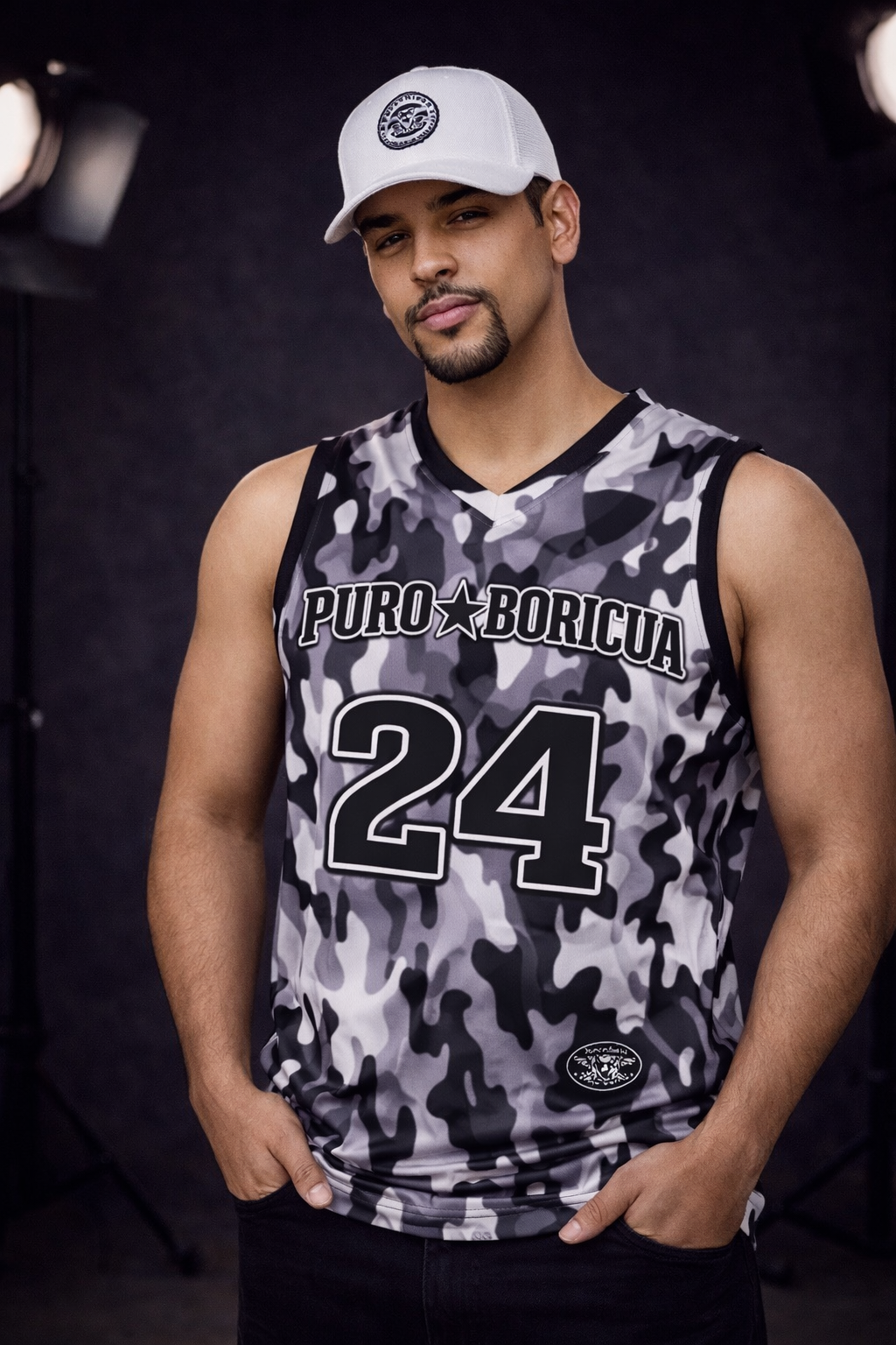 Male model wearing Pure⭐️Rican camo basketball jersey in studio setting with athletic stance.