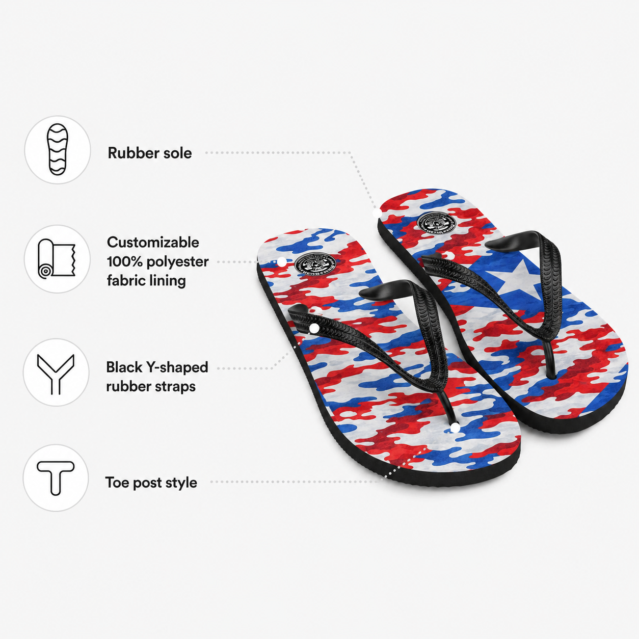 Camouflage-patterned flip-flops with customizable features on a white background