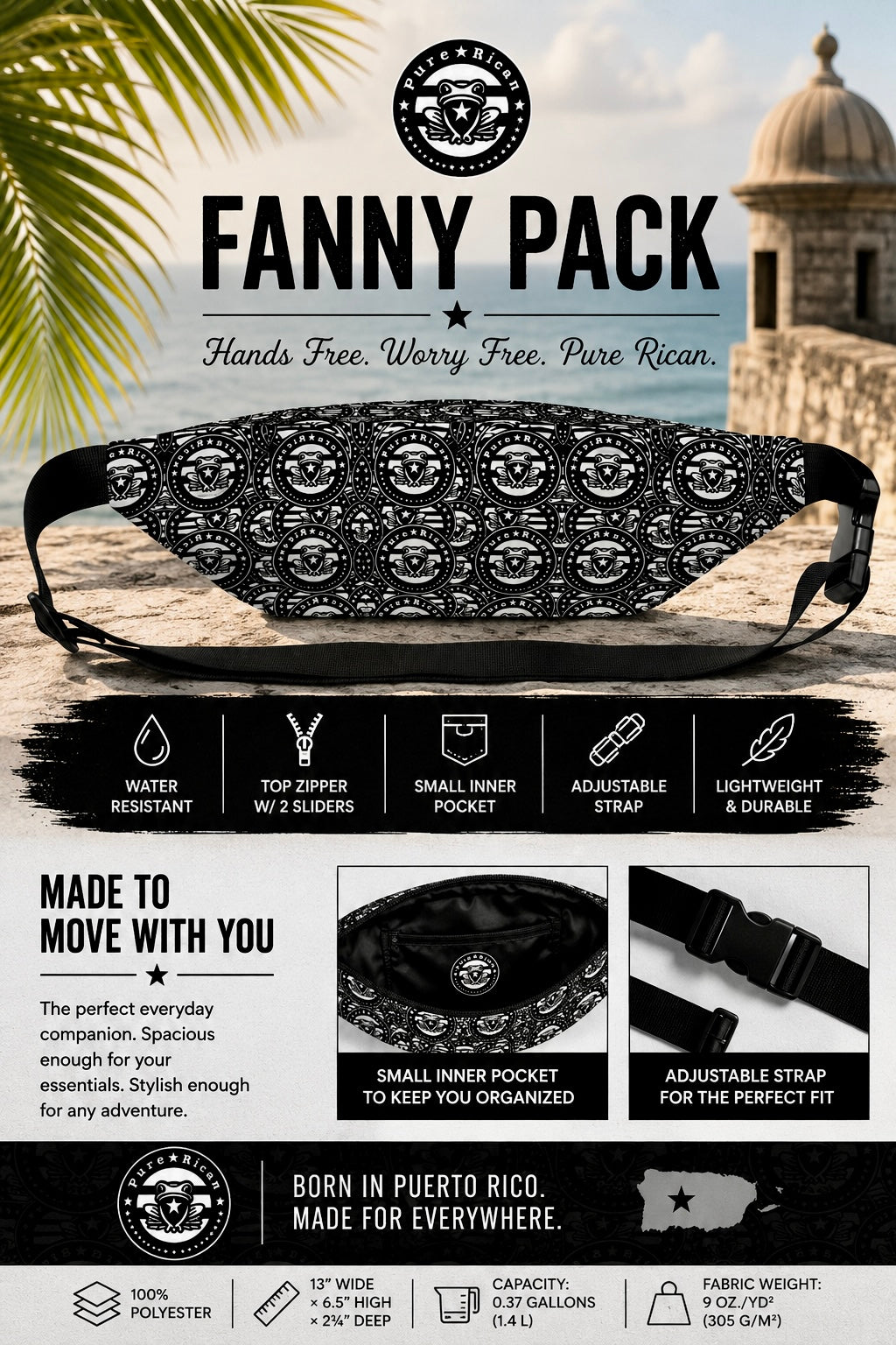 Pure⭐️Rican OG Logo Pattern Fanny Pack | Puerto Rican Travel, Festival & Everyday Waist Bag