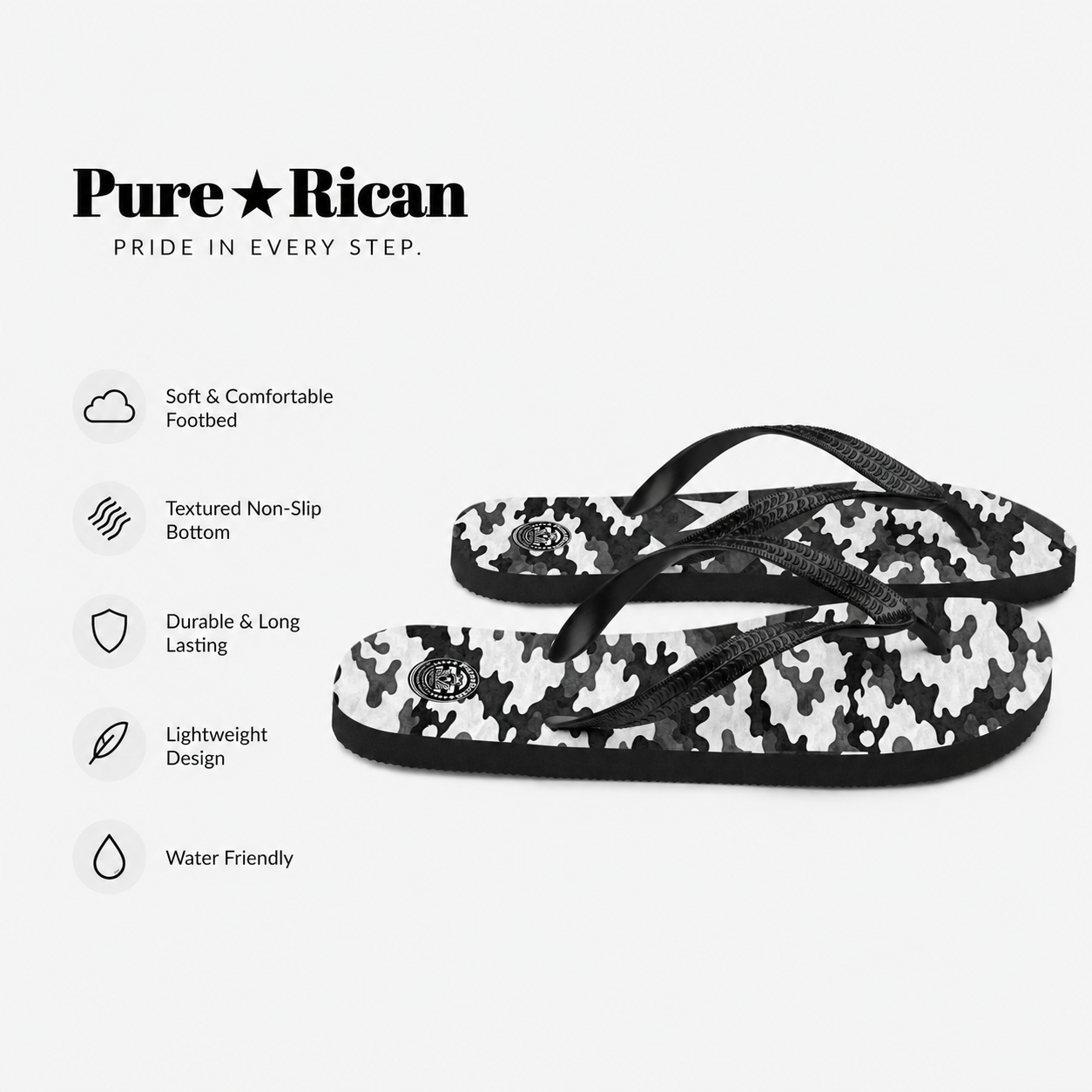 Black and white flip-flops with branding and feature text on a white background