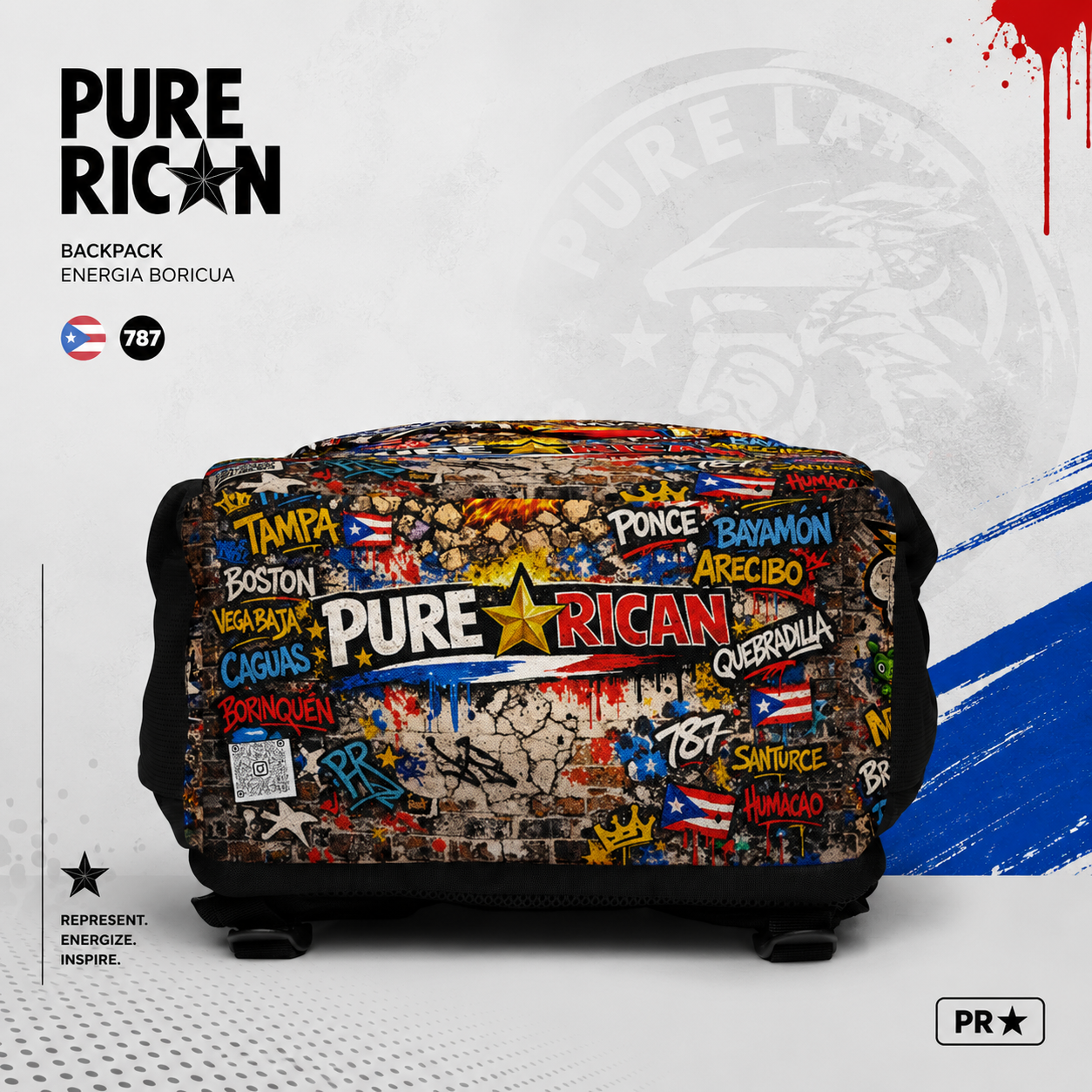 Bottom view of the Pure⭐️Rican Energia Boricua backpack showcasing the detailed graffiti-inspired Puerto Rican print across the base, reinforced construction, durable fabric, and bold PURE⭐️RICAN logo design with Puerto Rican heritage details.