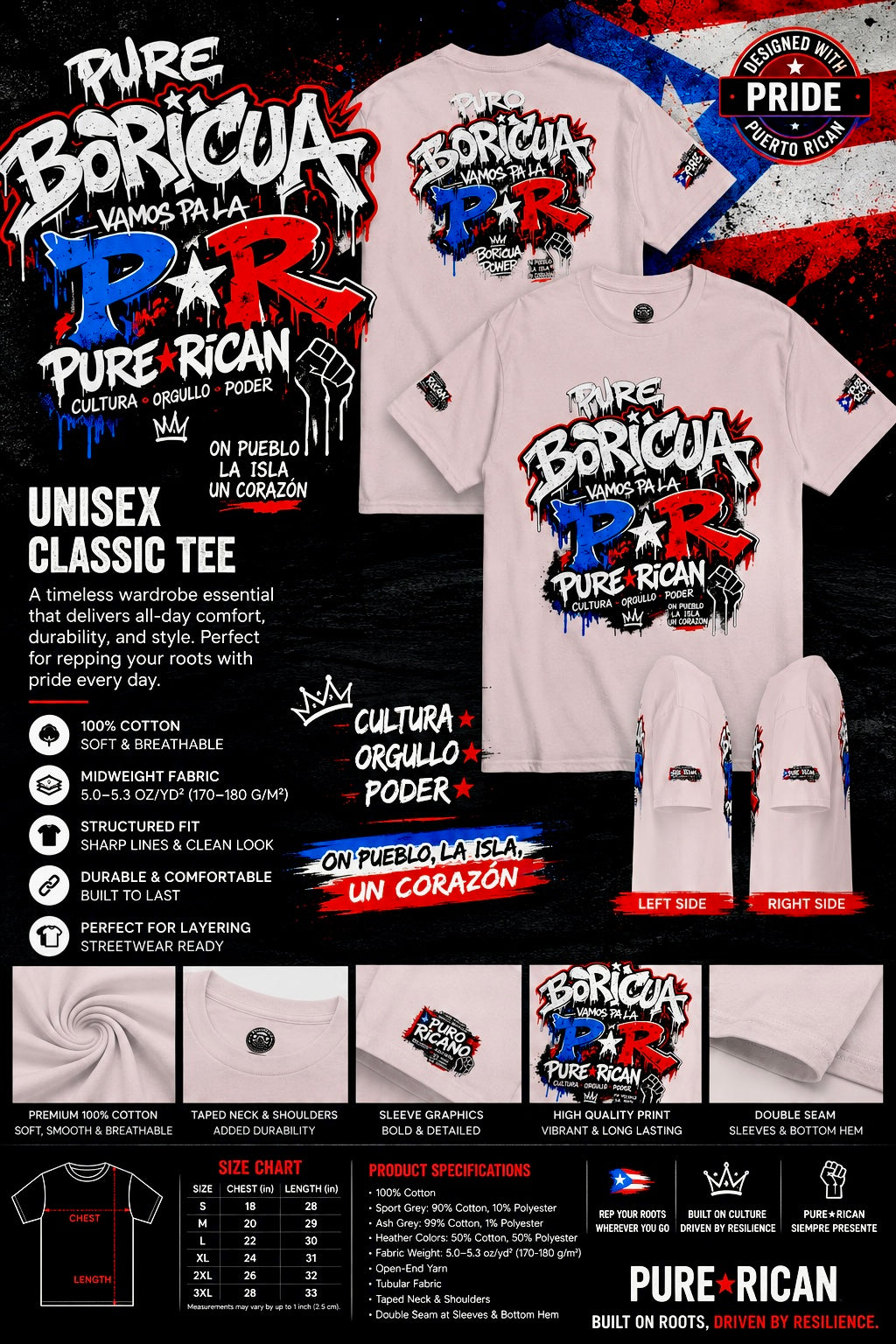 Promotional graphic for 'Pure Boricua' t-shirts with text and branding.