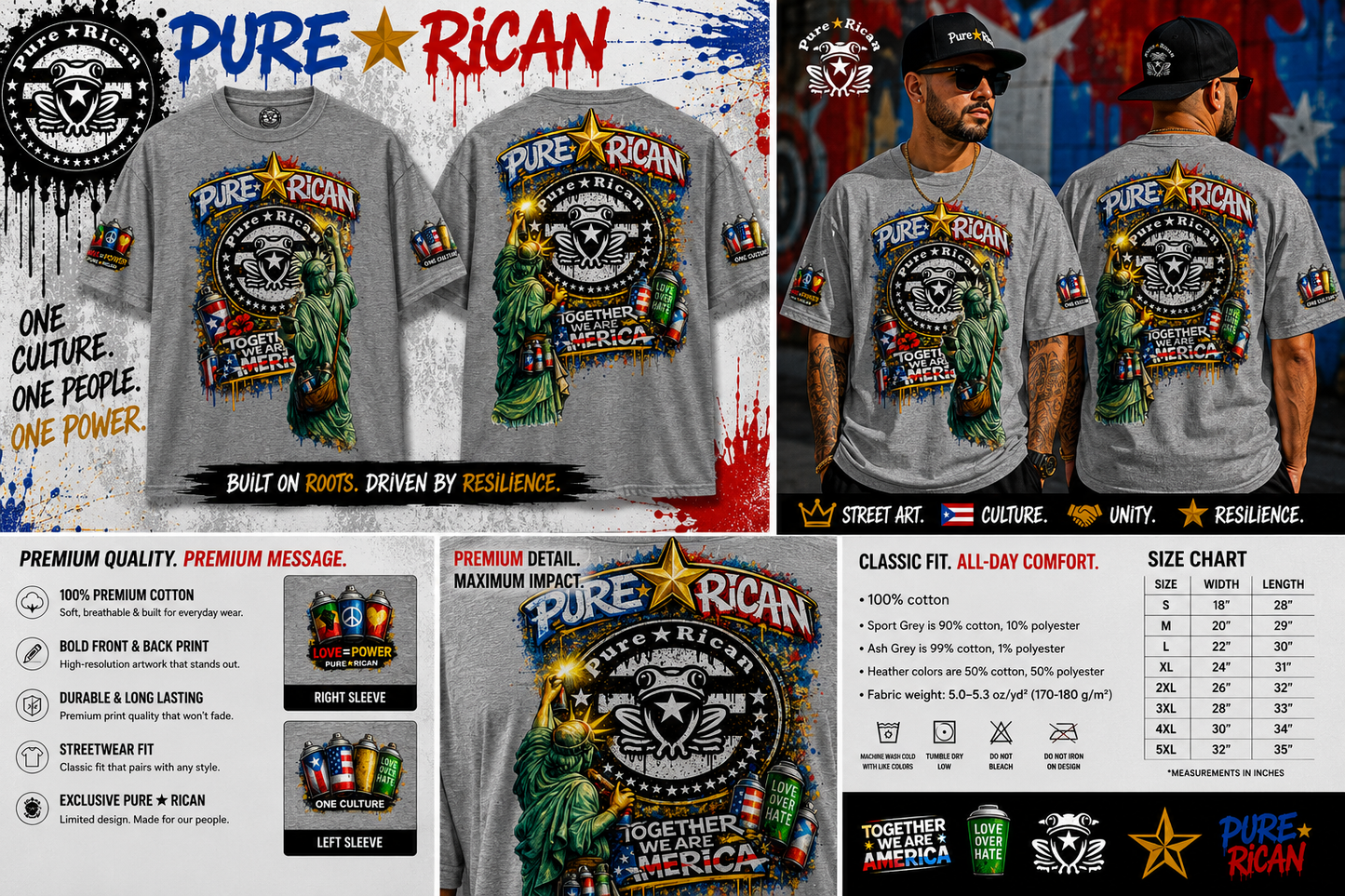 Pure⭐️Rican “Together We Are America” Statue Graffiti Tee – Front & Back Street Art Edition