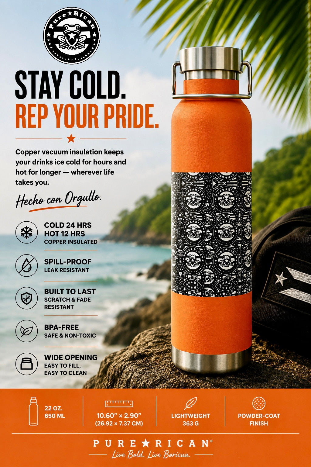 Orange water bottle with black pattern on a scenic background, featuring Pure Rican branding.