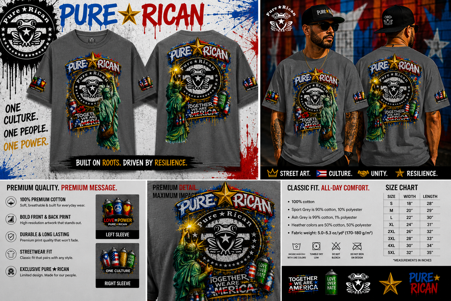 Pure⭐️Rican “Together We Are America” Statue Graffiti Tee – Front & Back Street Art Edition