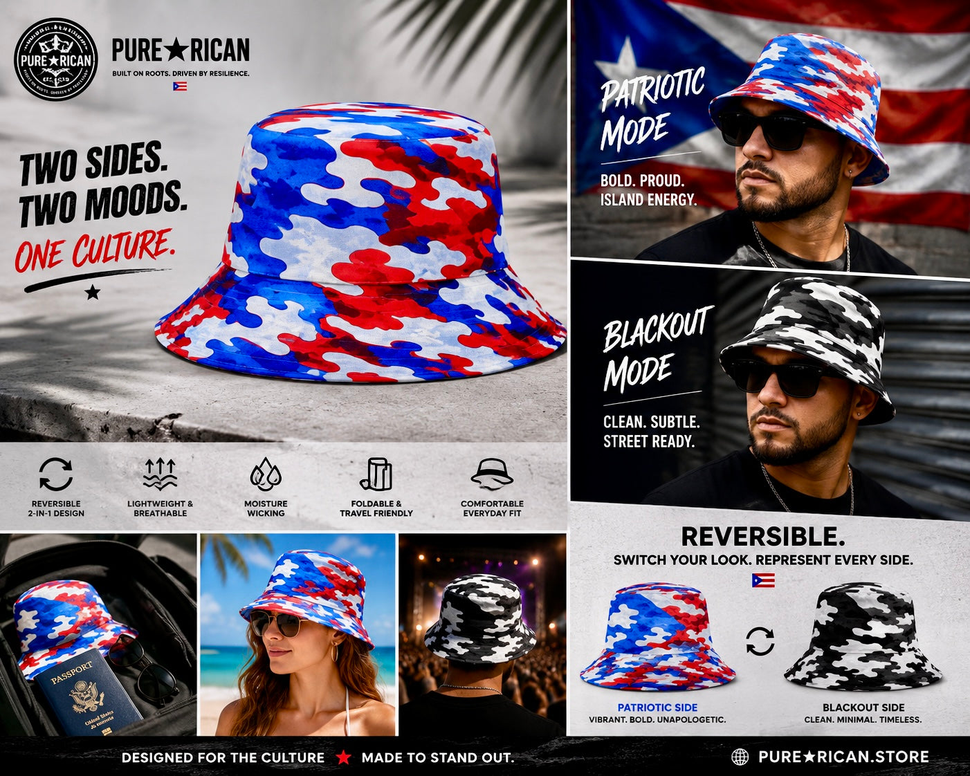Pure⭐️Rican Reversible Puerto Rican Bucket Hat – Patriotic & Blackout Edition