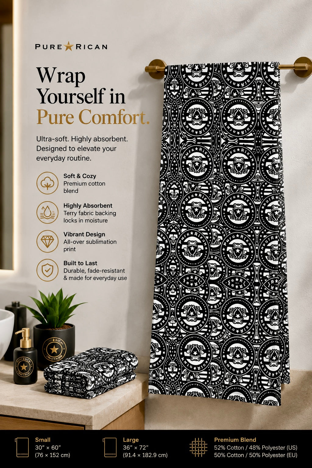 Pure⭐️Rican “OG Heritage Vertical Flow” Premium Sublimation Towel | Puerto Rican Luxury Bath, Beach & Everyday Towel