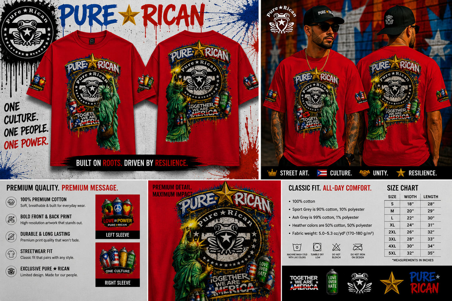 Pure⭐️Rican “Together We Are America” Statue Graffiti Tee – Front & Back Street Art Edition