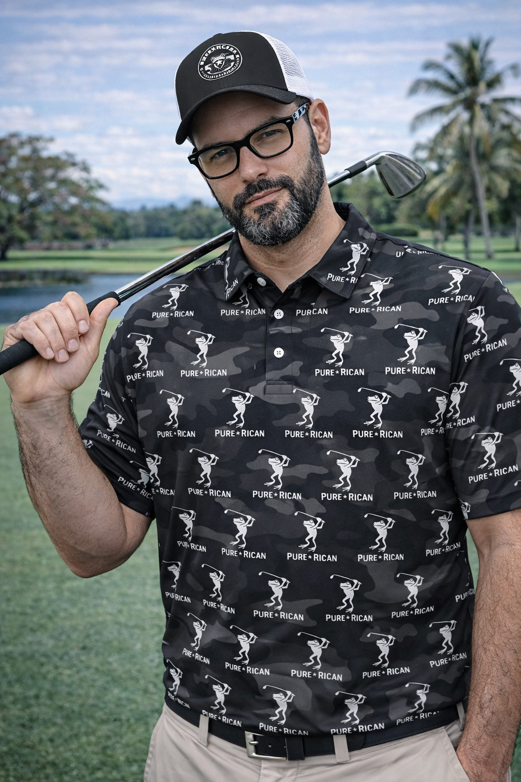 Pure⭐️Rican Sapo Golfer All Over Print Men’s Gray Camo slim fit polo