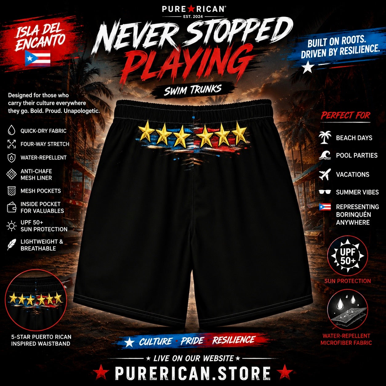 Black swim trunks with a five-star Puerto Rican flag graphic on the waistband, presented on a dark tropical beach-themed background with promotional text and feature callouts.
