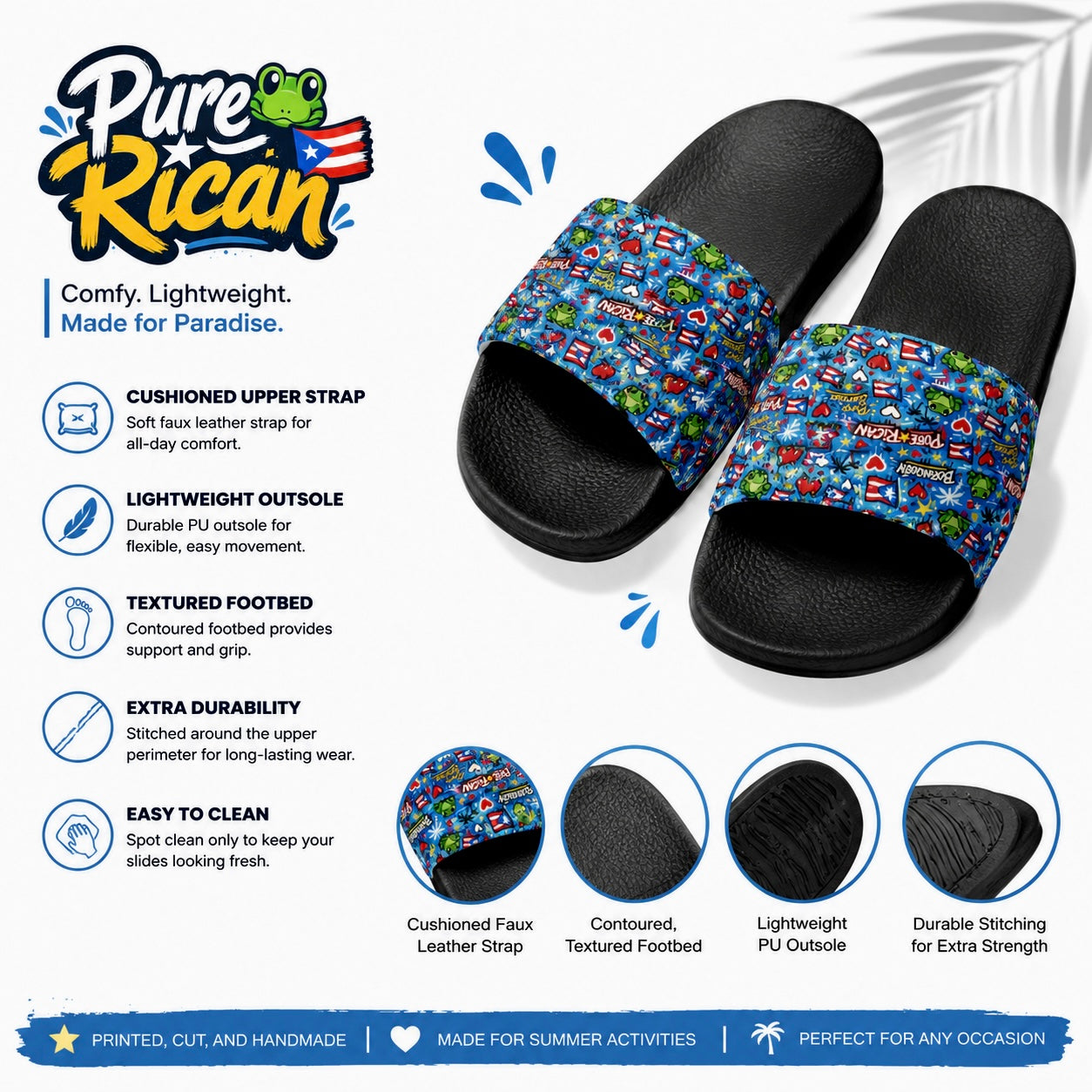 Colorful slides with a pattern on a white background, featuring the brand 'Pure⭐️ Rican'.