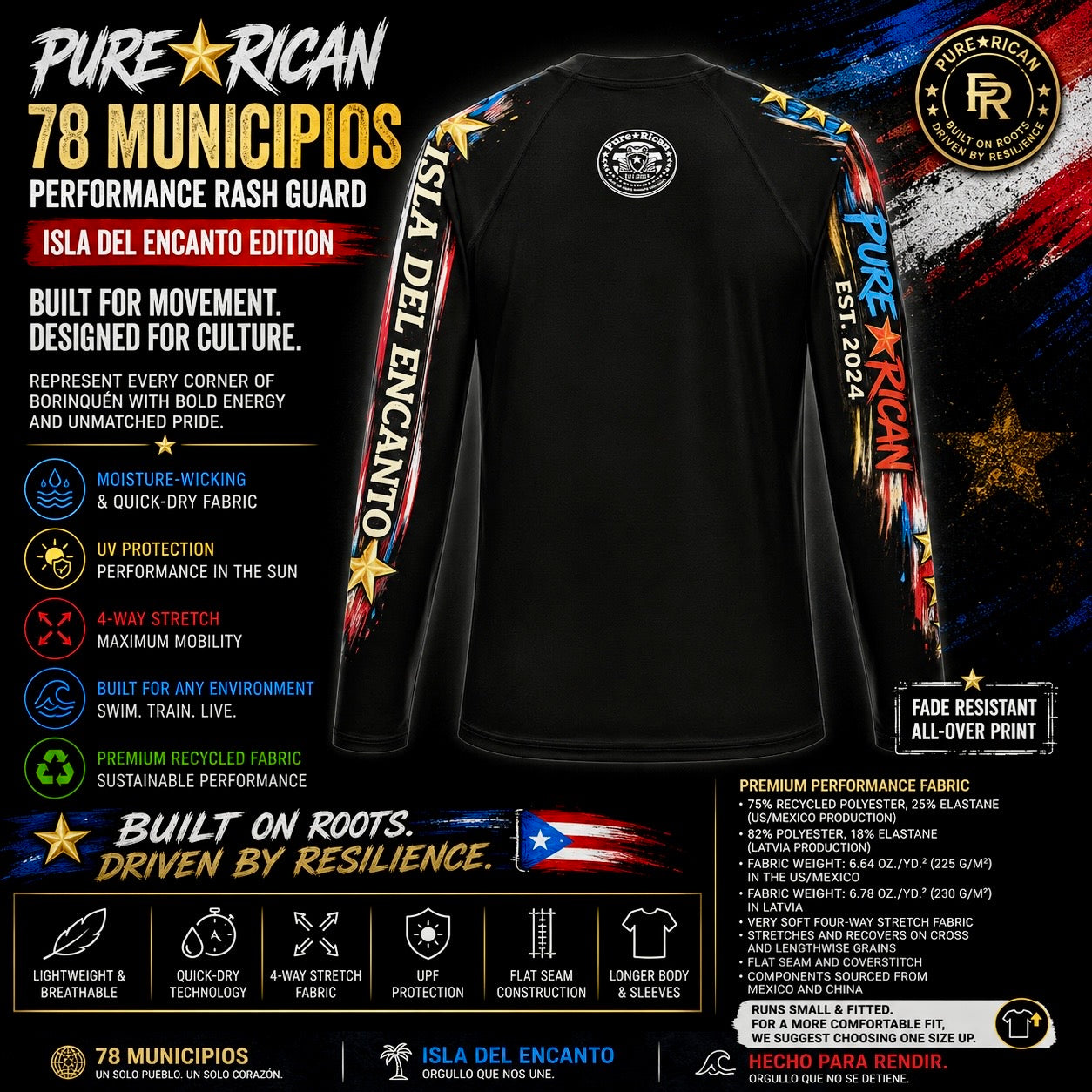 A black short-sleeve athletic jersey shown on a dark graphic background with branding and feature callouts. The shirt has large white and red vertical text reading 'ISLA DEL ENCIANO' and 'PAR 2024' on the sleeves, plus a circular crest and a small Cuban flag graphic.