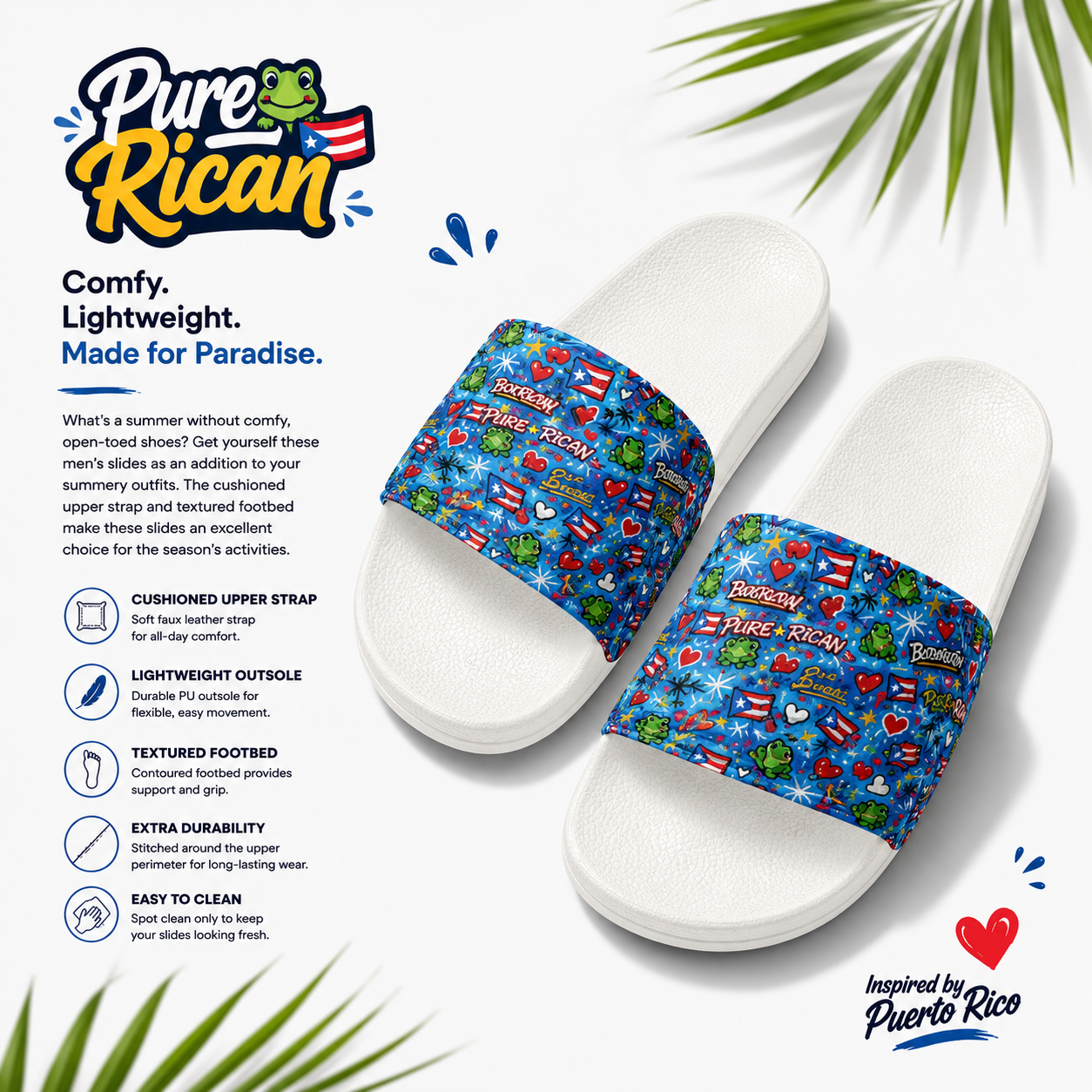 Colorful slide sandals with a Puerto Rican theme on a white background, featuring the Pure⭐️Rican brand.