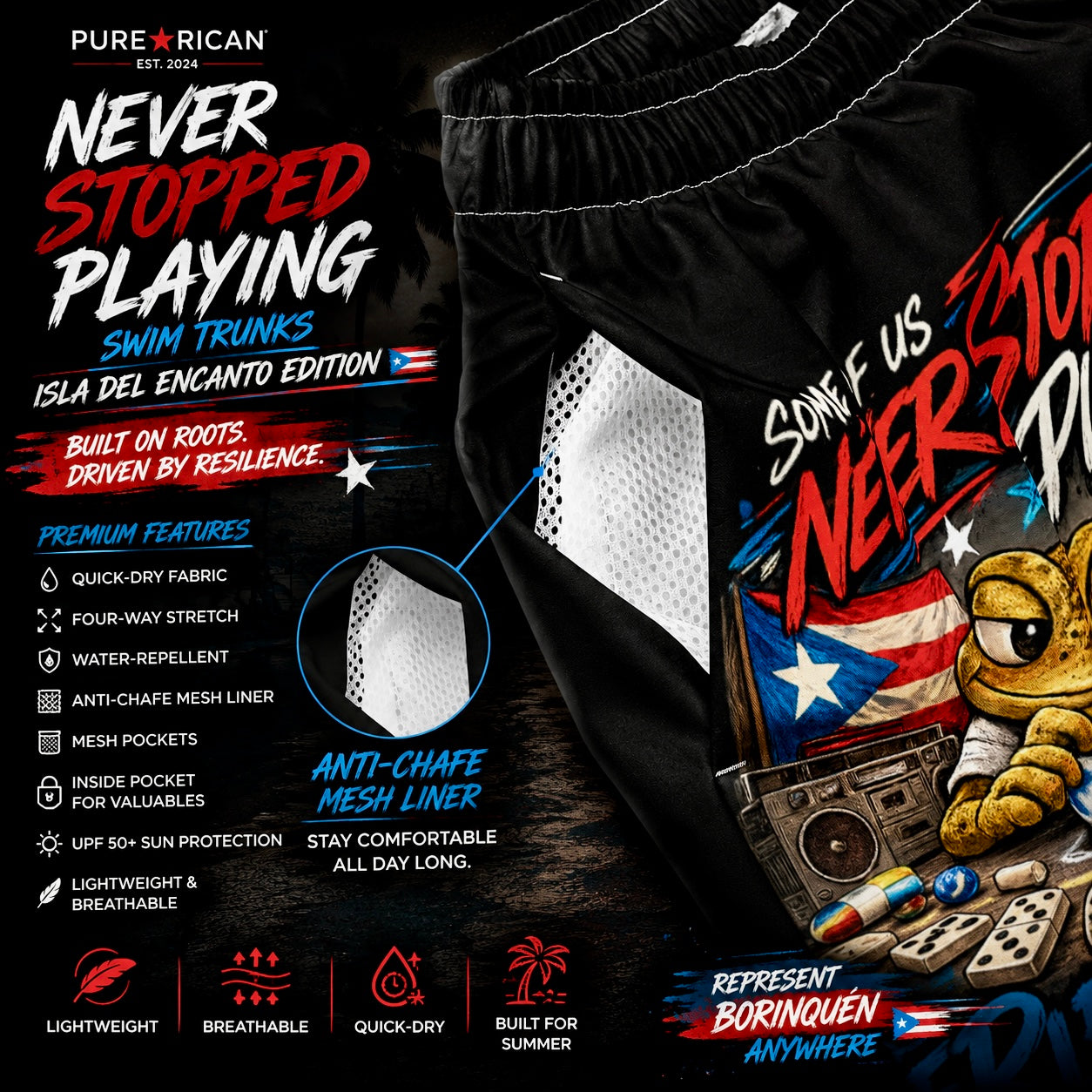 Black swim trunks with a colorful Puerto Rican graphic print and a white mesh pocket, shown on a dark background with promotional text and features.