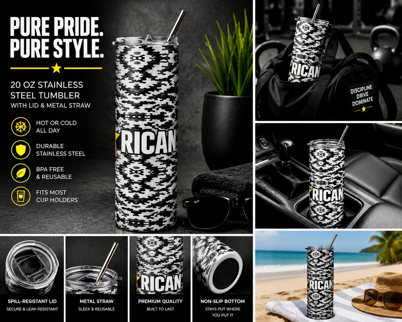 Pure⭐️Rican Black Camo Stainless Steel Tumbler | 20oz Travel Cup with Metal Straw