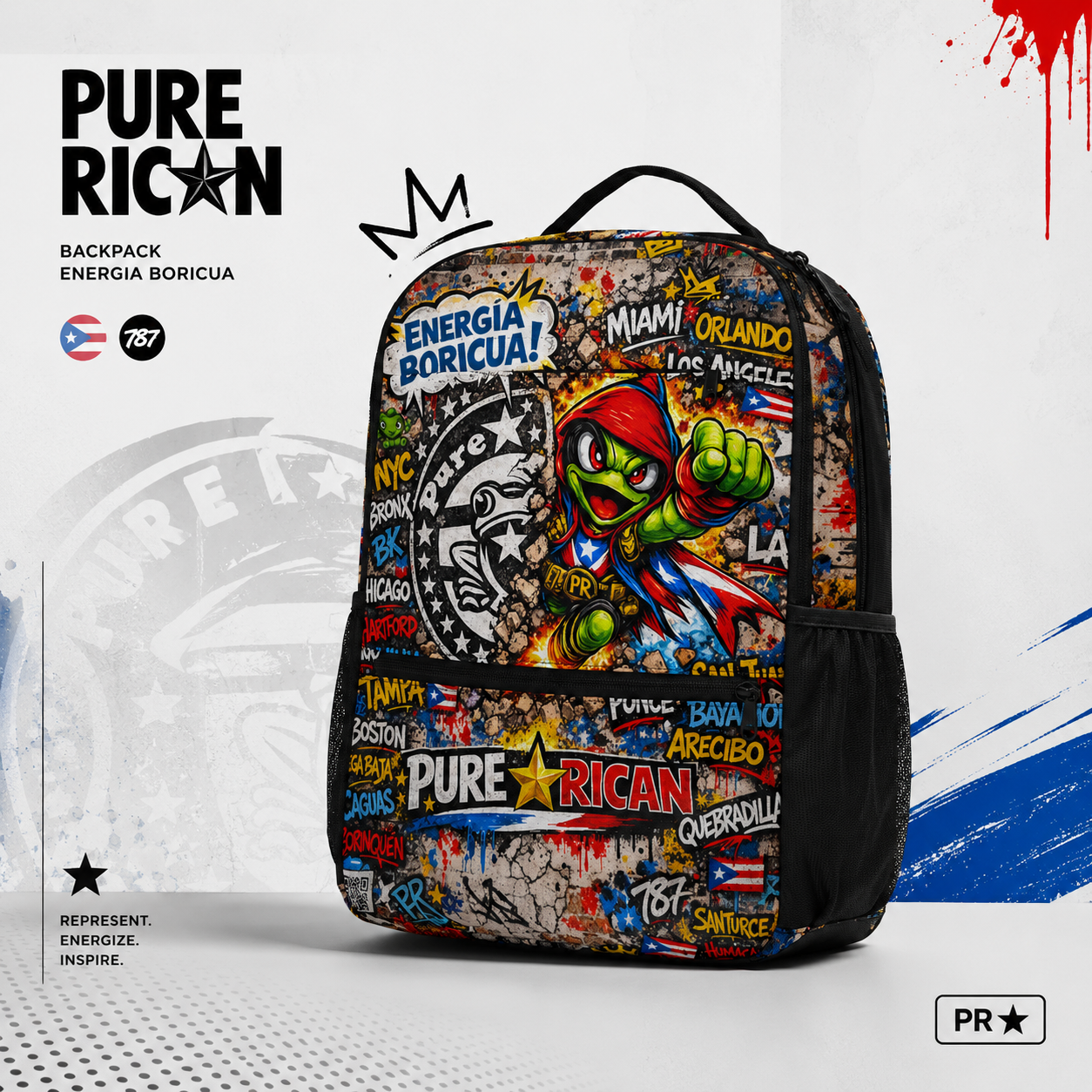 Pure⭐️Rican Energia Boricua backpack featuring vibrant Puerto Rican graffiti artwork, Sapo Concho coquí mascot, city names, and Puerto Rican flag elements. Front angled product view showing spacious front zipper pocket, dual side mesh pouches, and bold PURE⭐️RICAN branding in a clean studio-style promotional layout.
