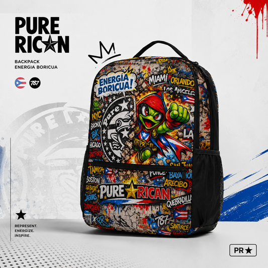 Pure⭐️Rican Energia Boricua backpack featuring vibrant Puerto Rican graffiti artwork, Sapo Concho coquí mascot, city names, and Puerto Rican flag elements. Front angled product view showing spacious front zipper pocket, dual side mesh pouches, and bold PURE⭐️RICAN branding in a clean studio-style promotional layout.