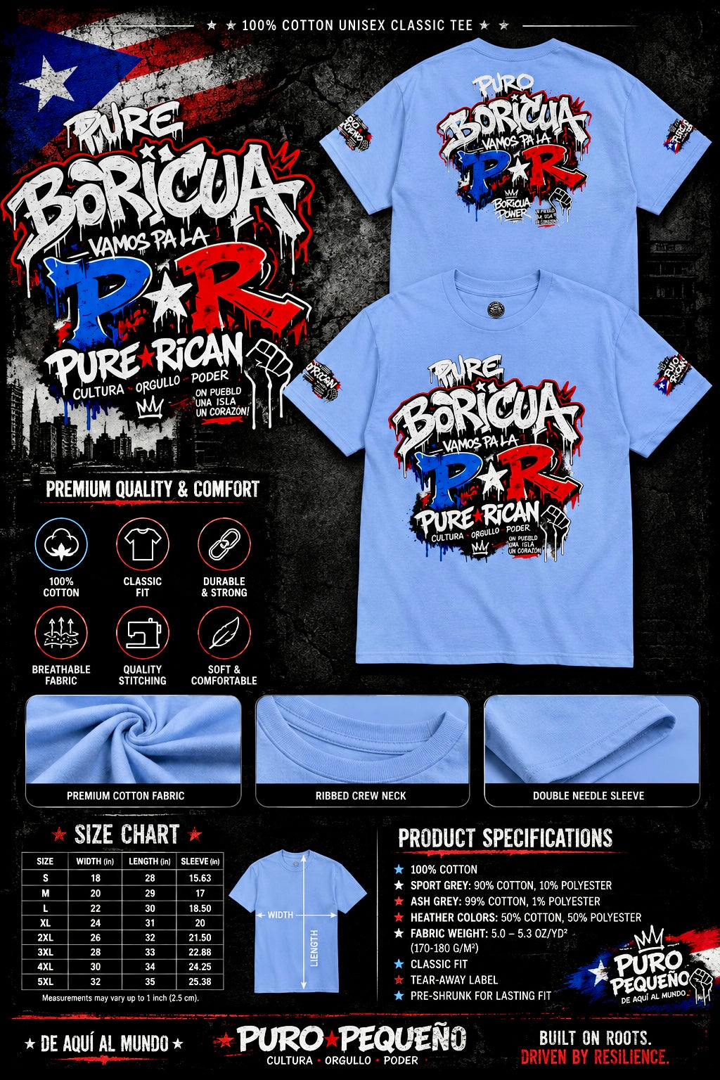 Blue t-shirt with 'Pure Boricua' design on a dark background