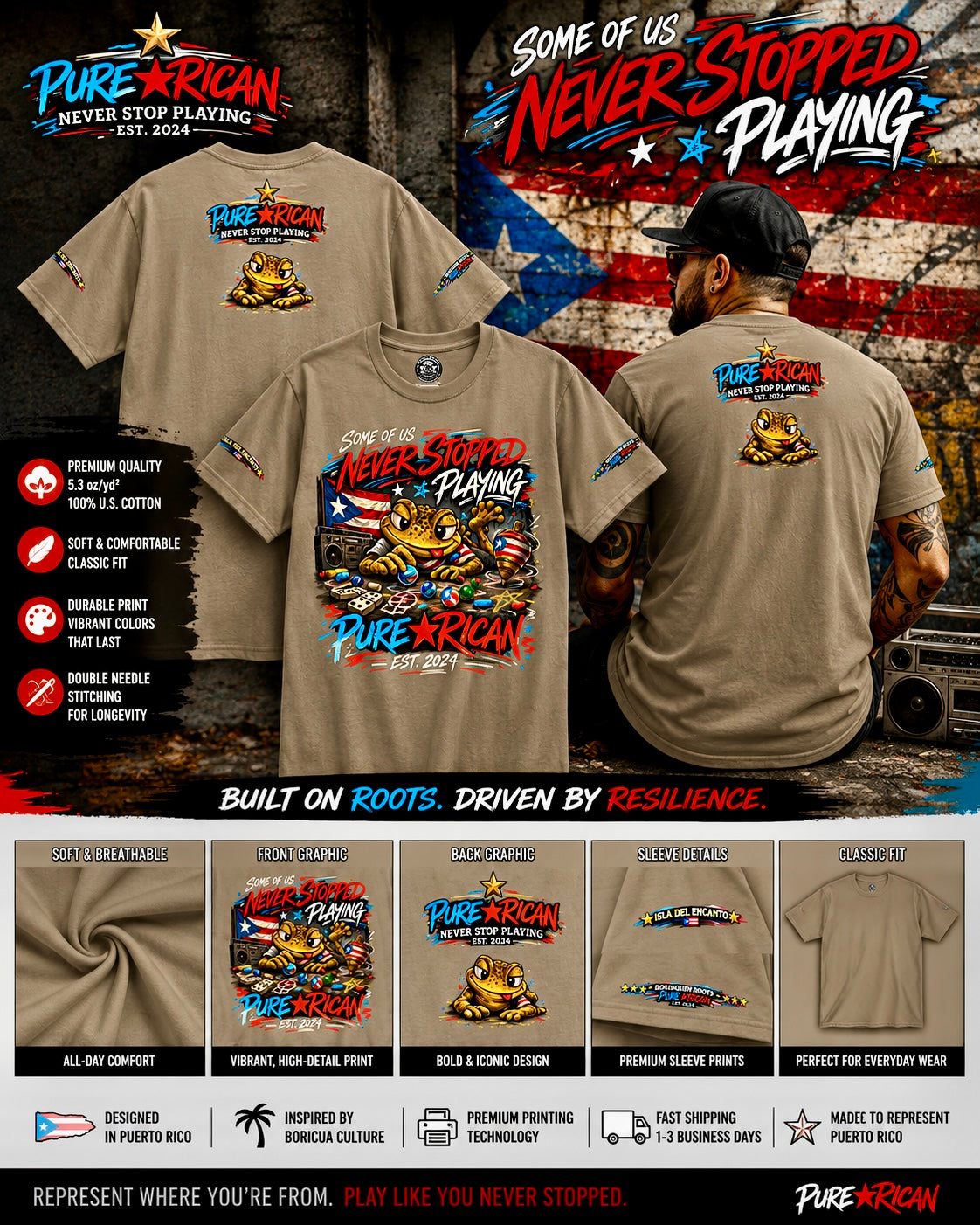 PURE⭐️RICAN Never Stopped Playing Tee Puerto Rican Culture Streetwear Unisex T-Shirt