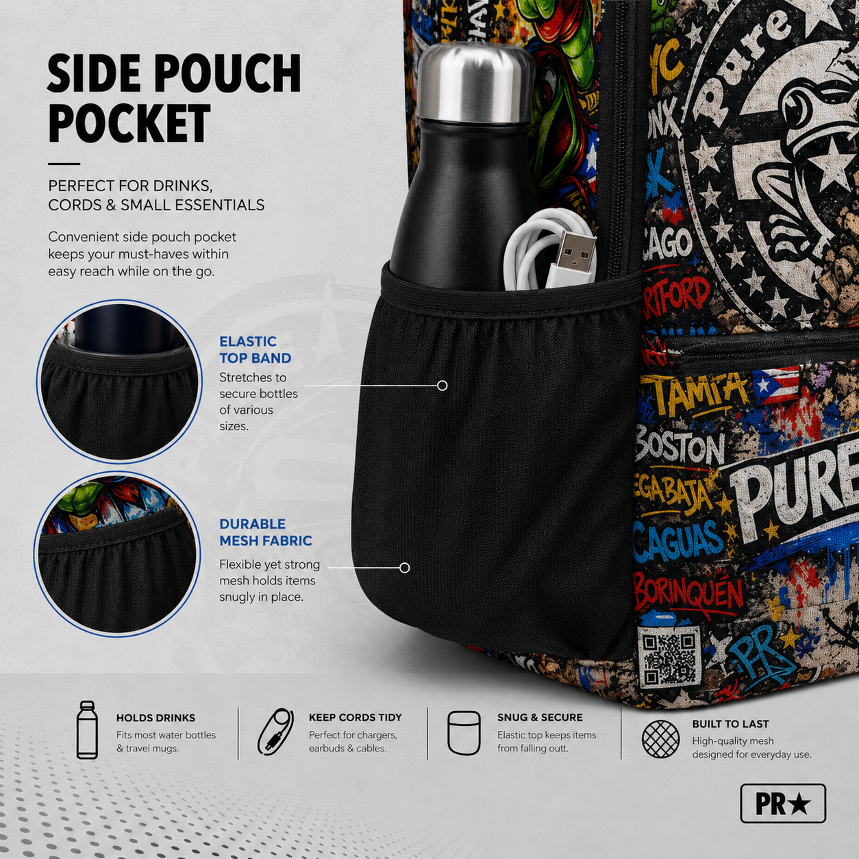 Close-up of the Pure⭐️Rican Energia Boricua backpack side mesh pouch pocket holding a water bottle, charging cable, and earbuds. Features stretchable elastic mesh pocket designed for drinks, cords, and quick-access everyday essentials.