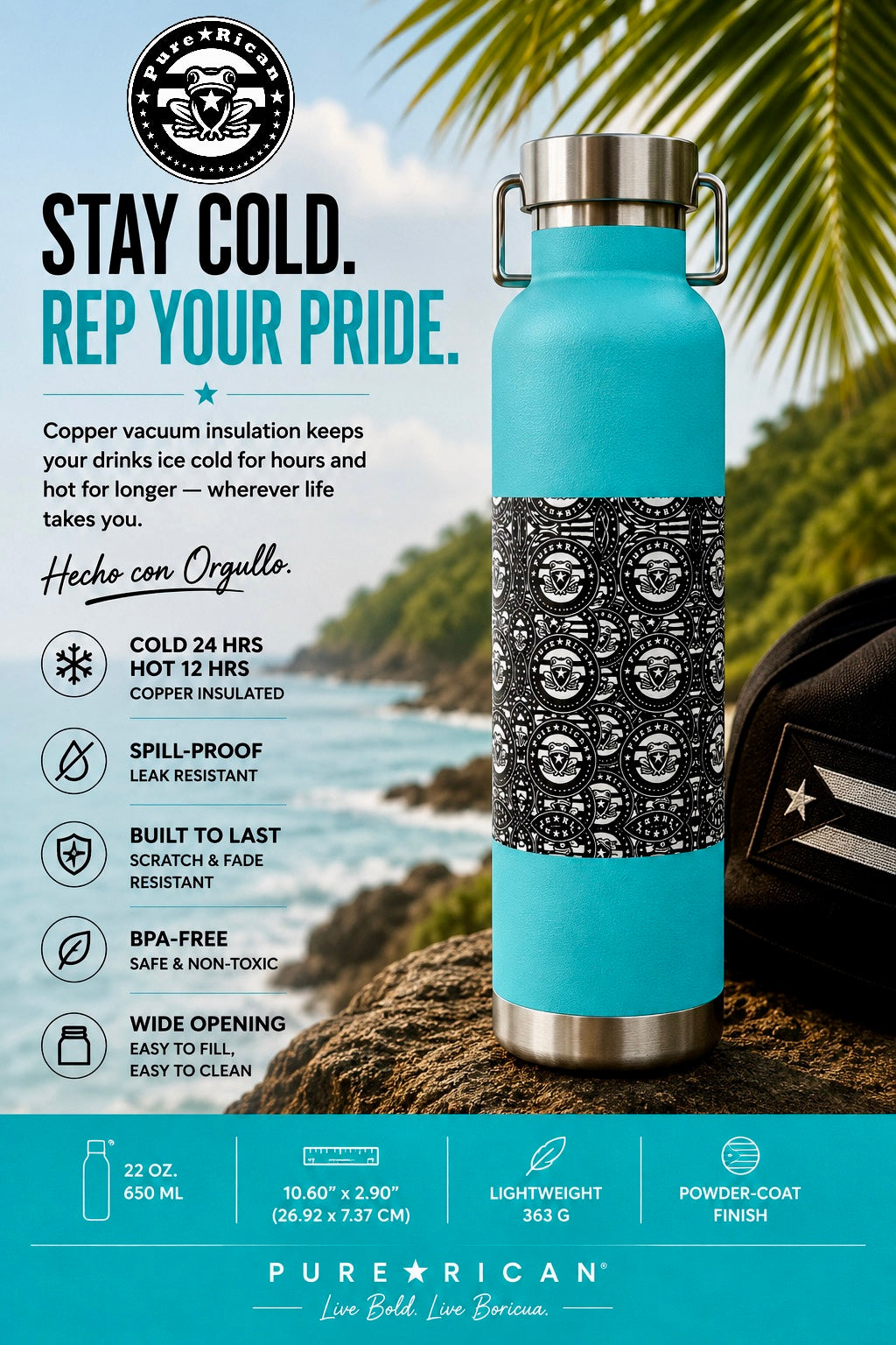Blue insulated bottle with decorative sleeve against a scenic background, featuring product details.