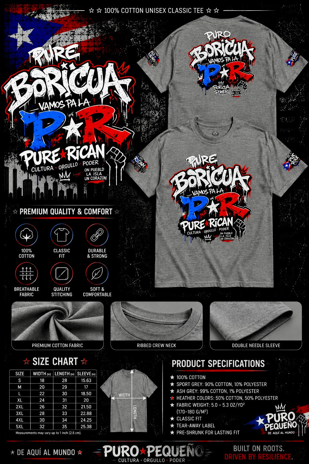 Gray t-shirt with 'Pure Boricua Vamos Pa La PR Pure Rican' design on a black background with product details.