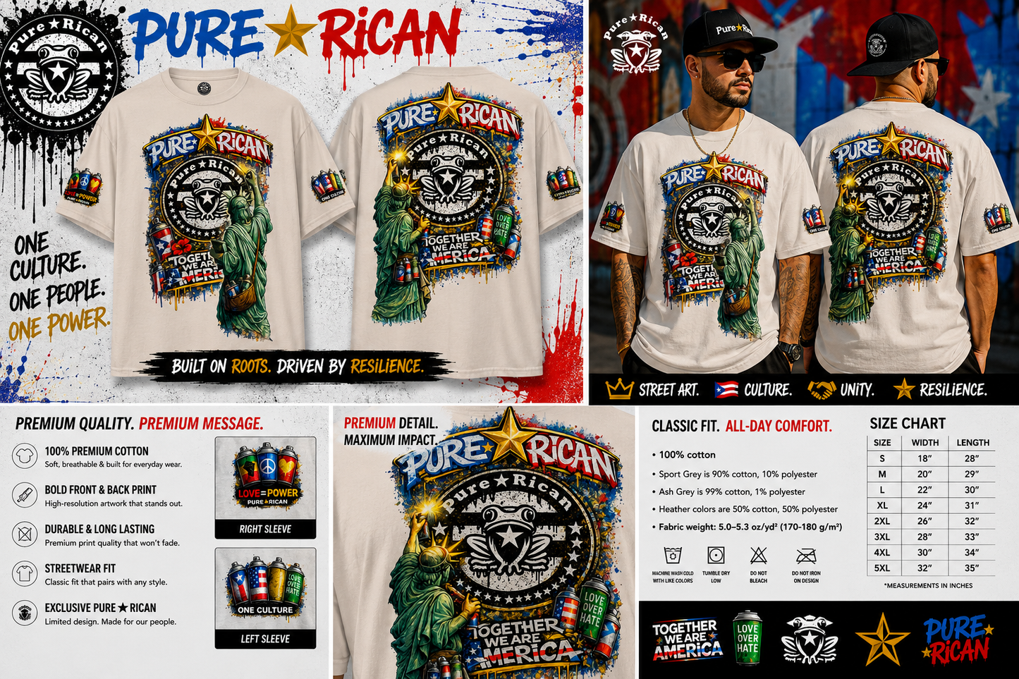 Pure⭐️Rican “Together We Are America” Statue Graffiti Tee – Front & Back Street Art Edition