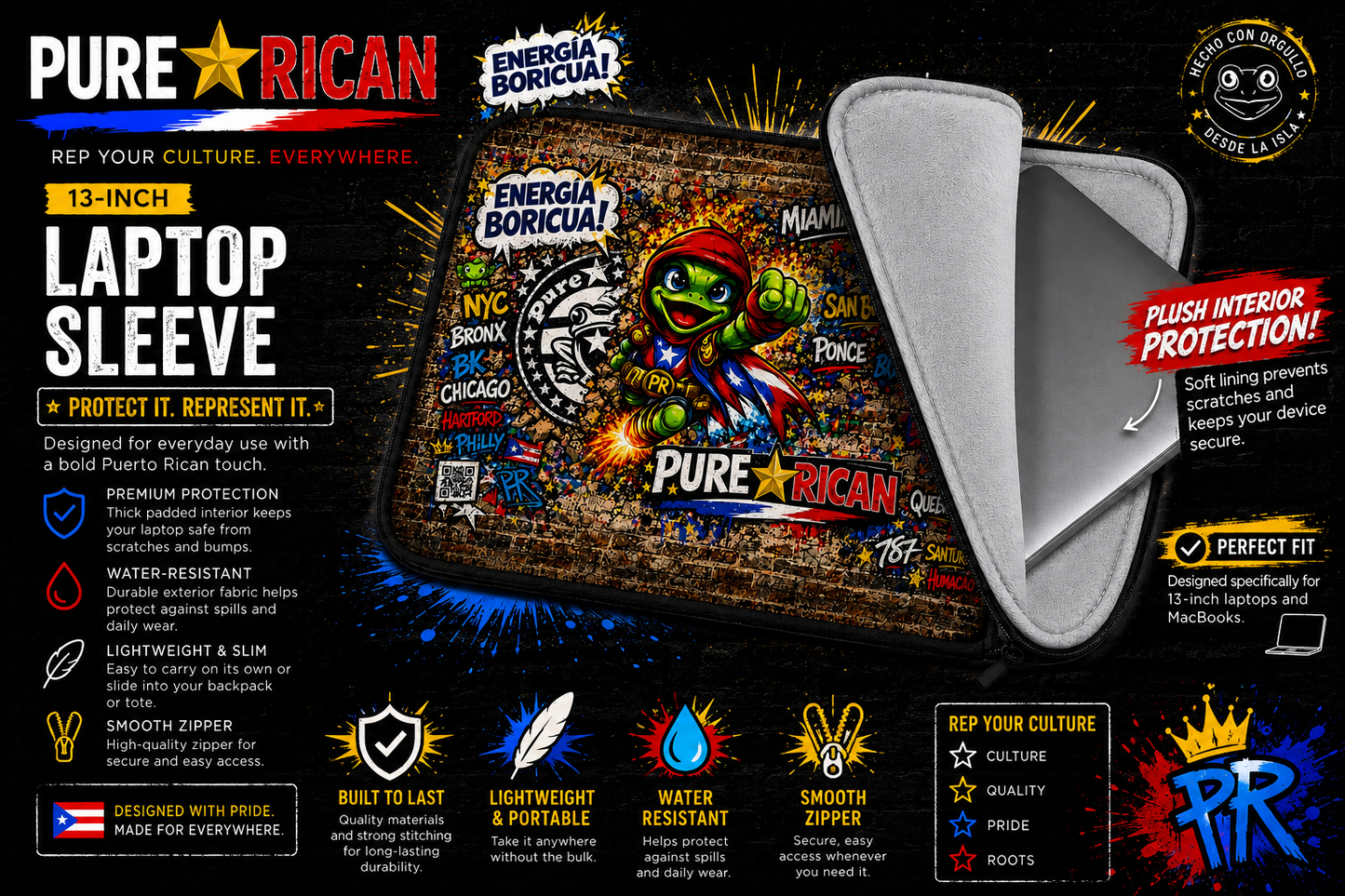 Pure⭐️Rican “Energía Boricua” Graffiti Laptop Sleeve – Sapo Concho Street Art Edition (13” & 15”)