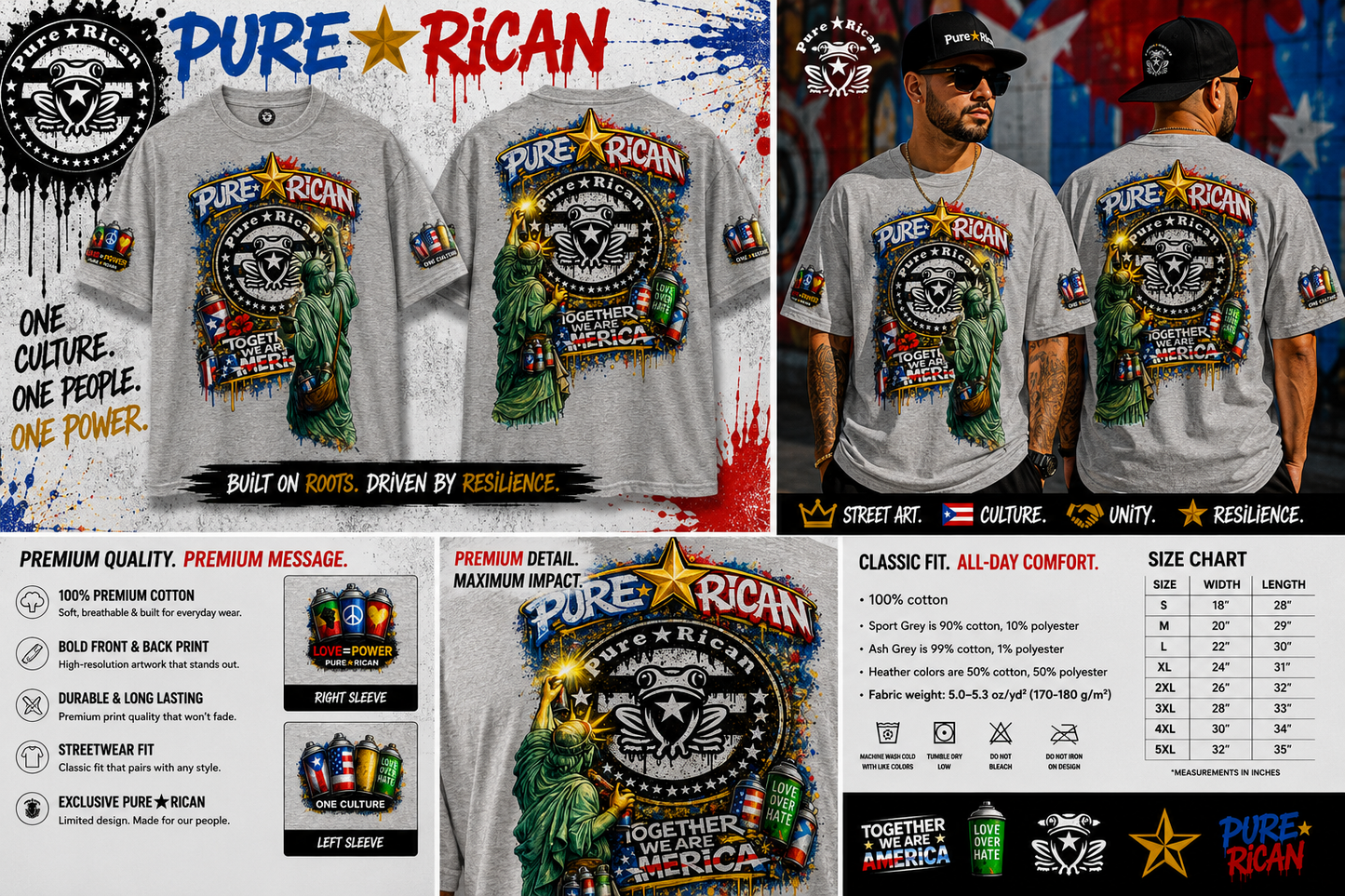 Pure⭐️Rican “Together We Are America” Statue Graffiti Tee – Front & Back Street Art Edition