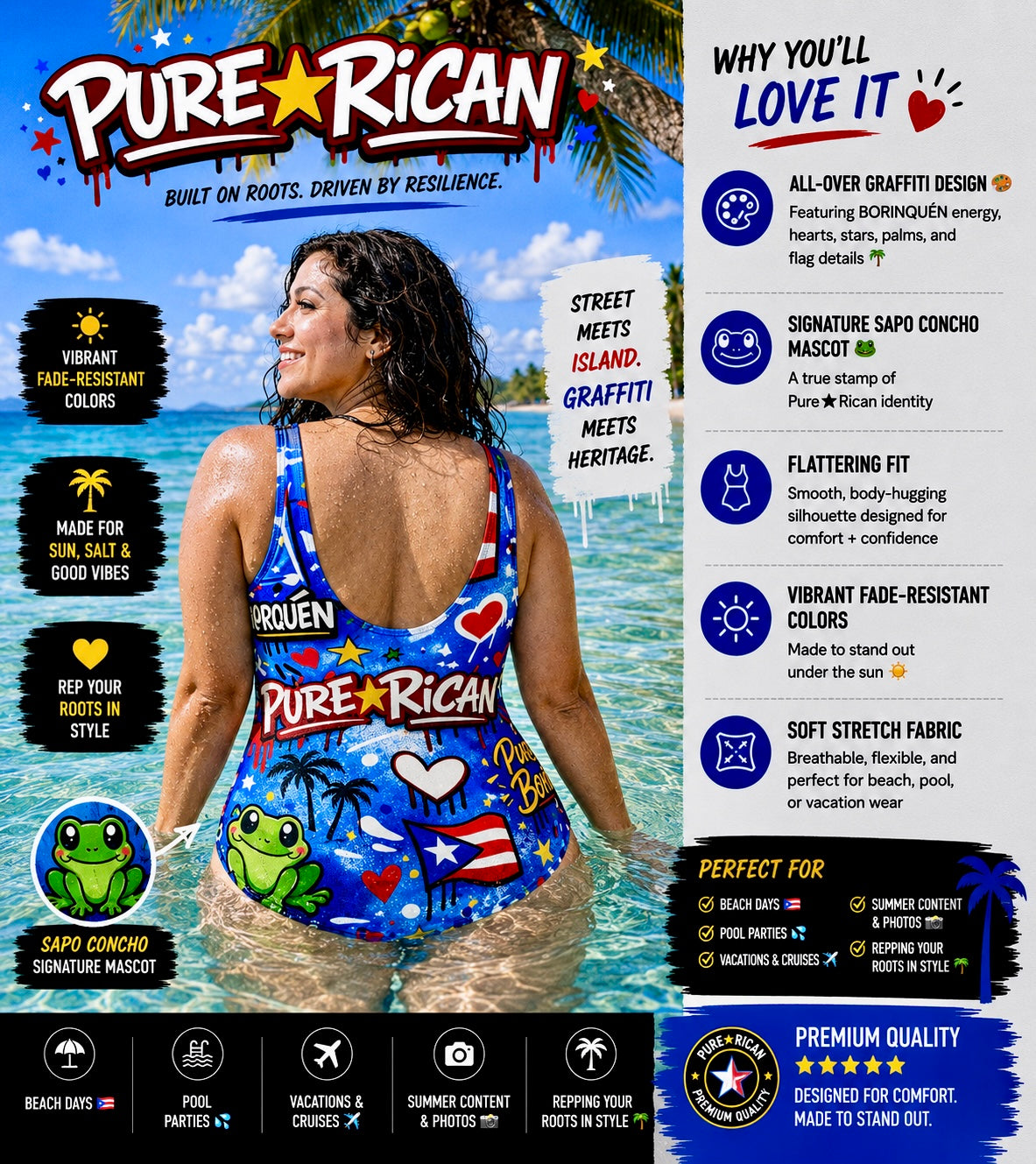 Pure⭐️Rican “Borinquéñ Love Graffiti” Women’s One-Piece Swimsuit – Sapo Concho Edition